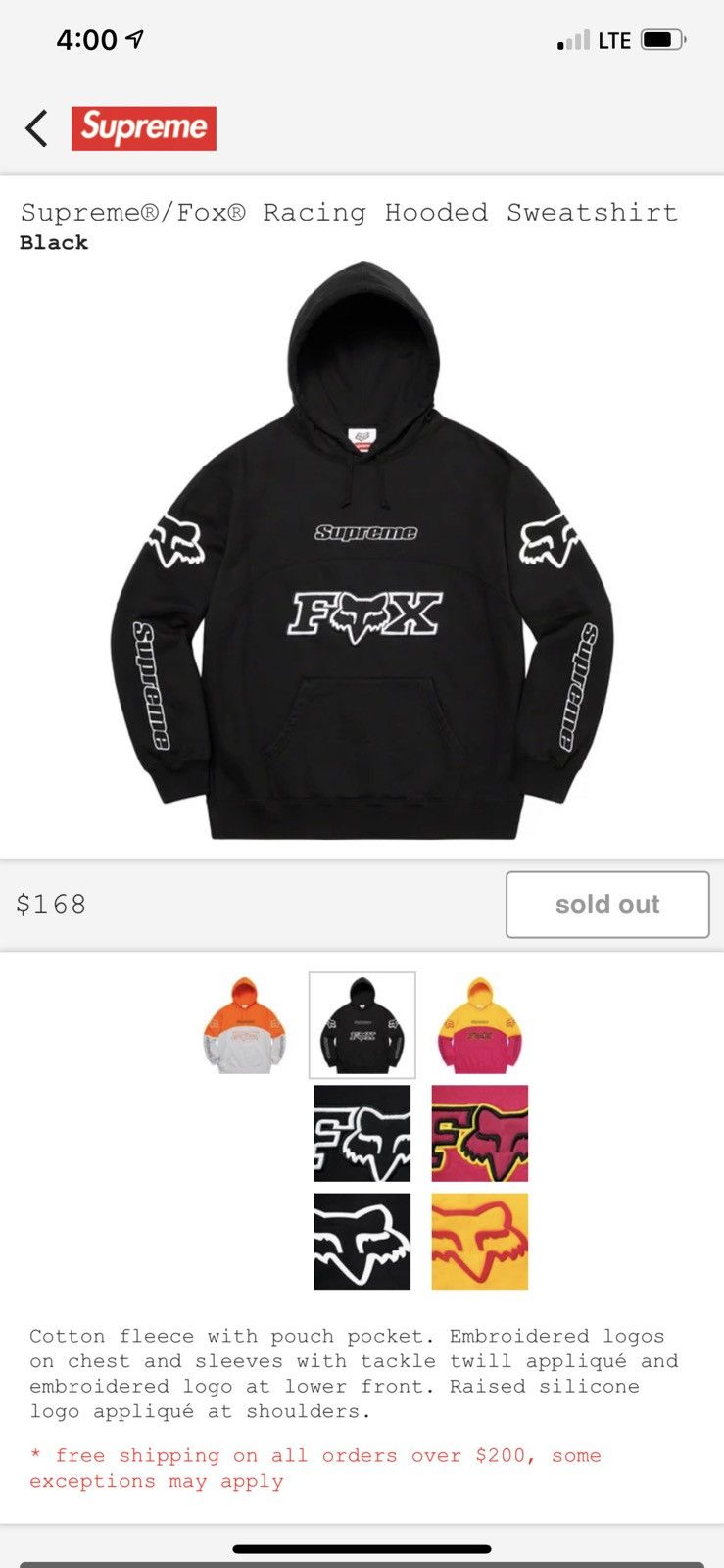 Supreme Fox Racing Hooded Sweatshirt