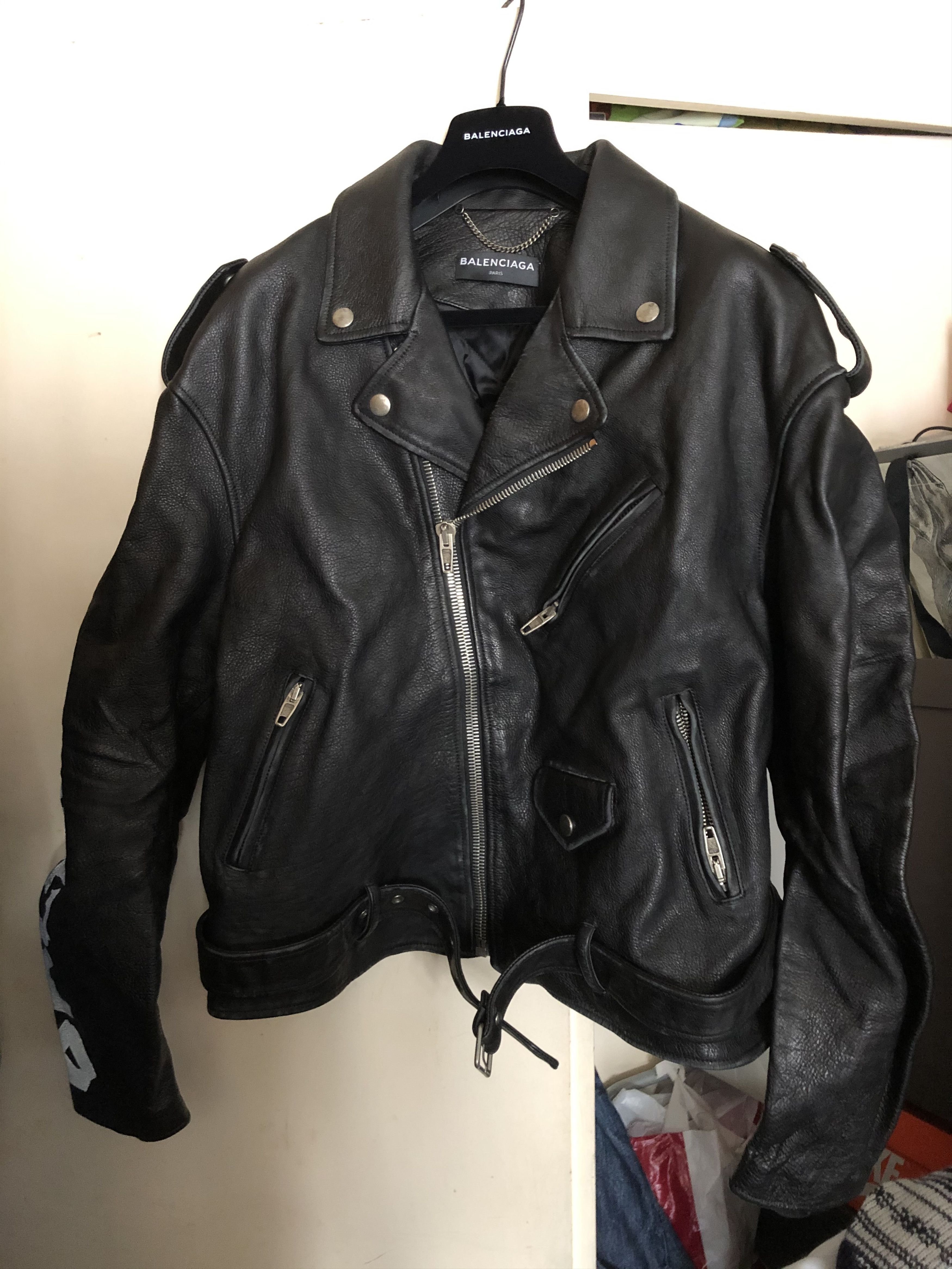 Balenciaga Oversized Painted Textured Biker Leather Jacket