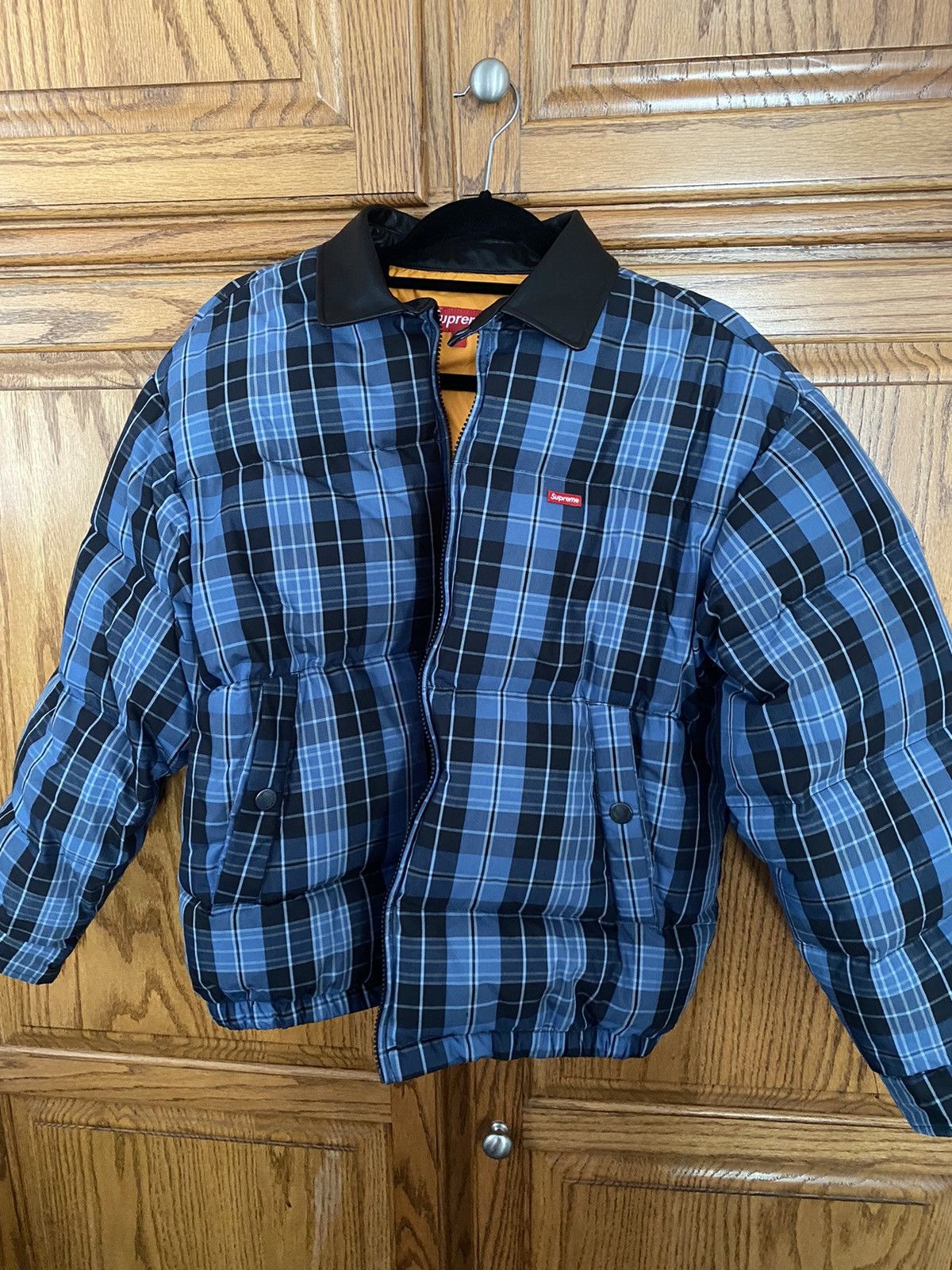 Supreme Supreme Leather Collar Puffy Jacket Blue Plaid | Grailed