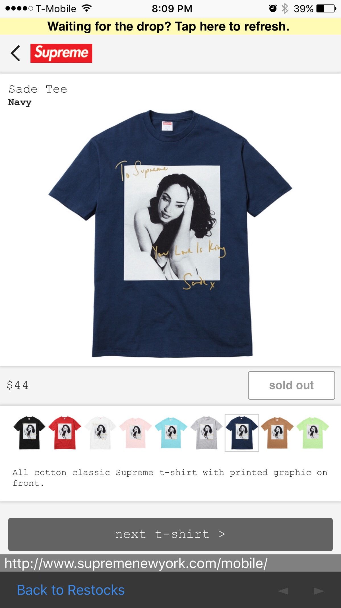 Supreme Sade Tee T-shirt Shirt Navy Large | Grailed