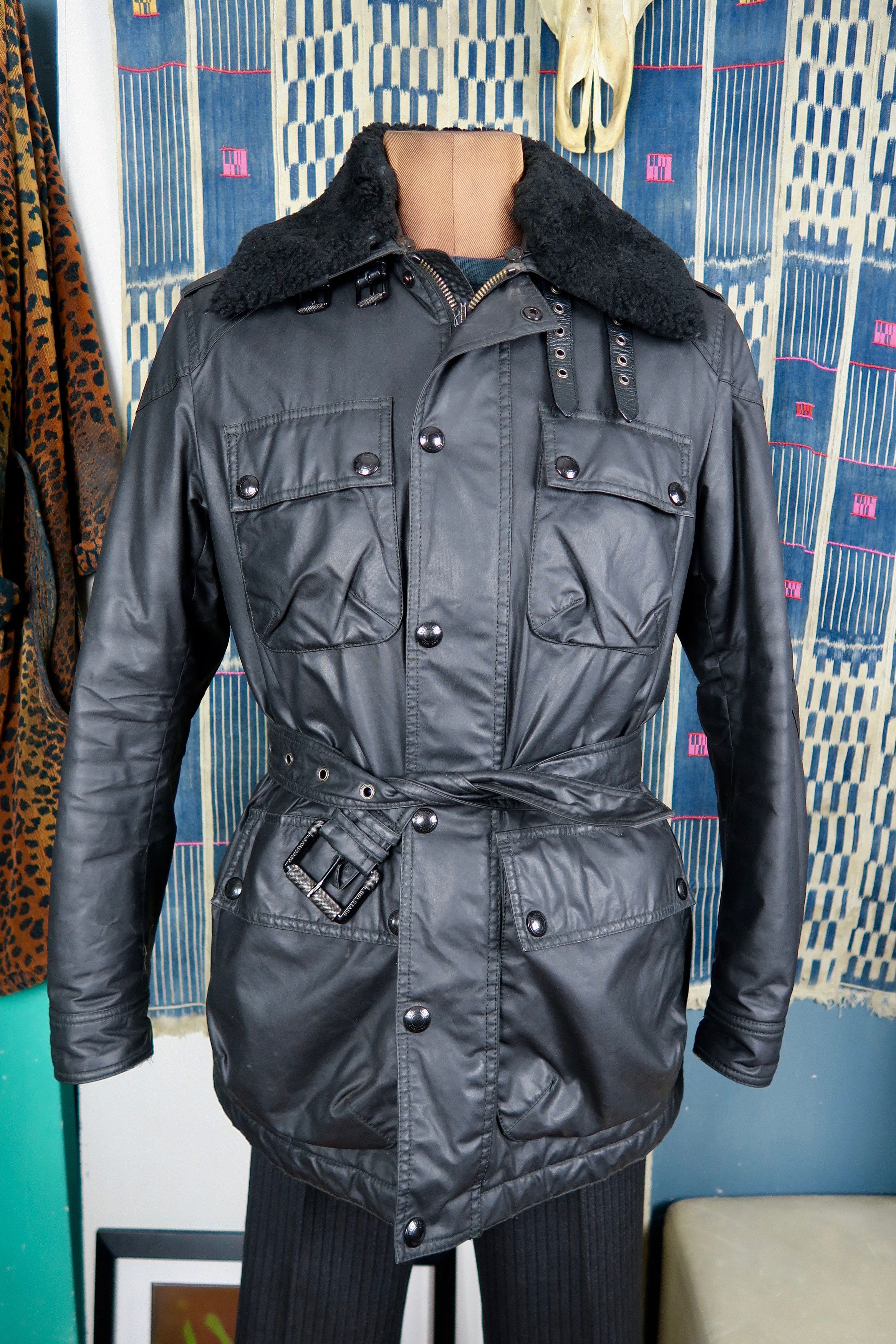 Belstaff Shearling Trimmed Waxed Cotton Belted Coat Size US M / EU 48-50 / 2 - 1 Thumbnail