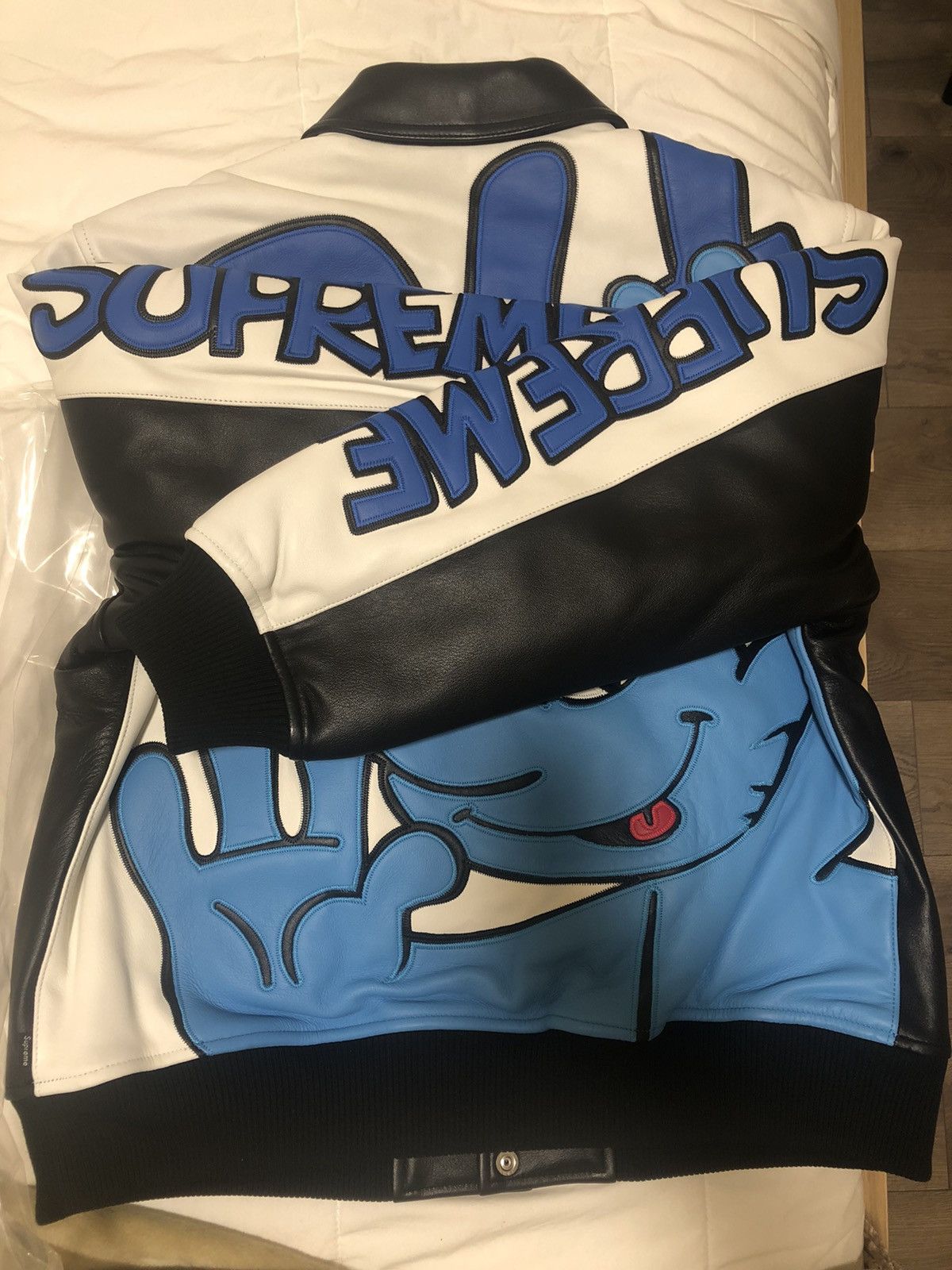 Supreme Supreme smurf leather varsity jacket | Grailed