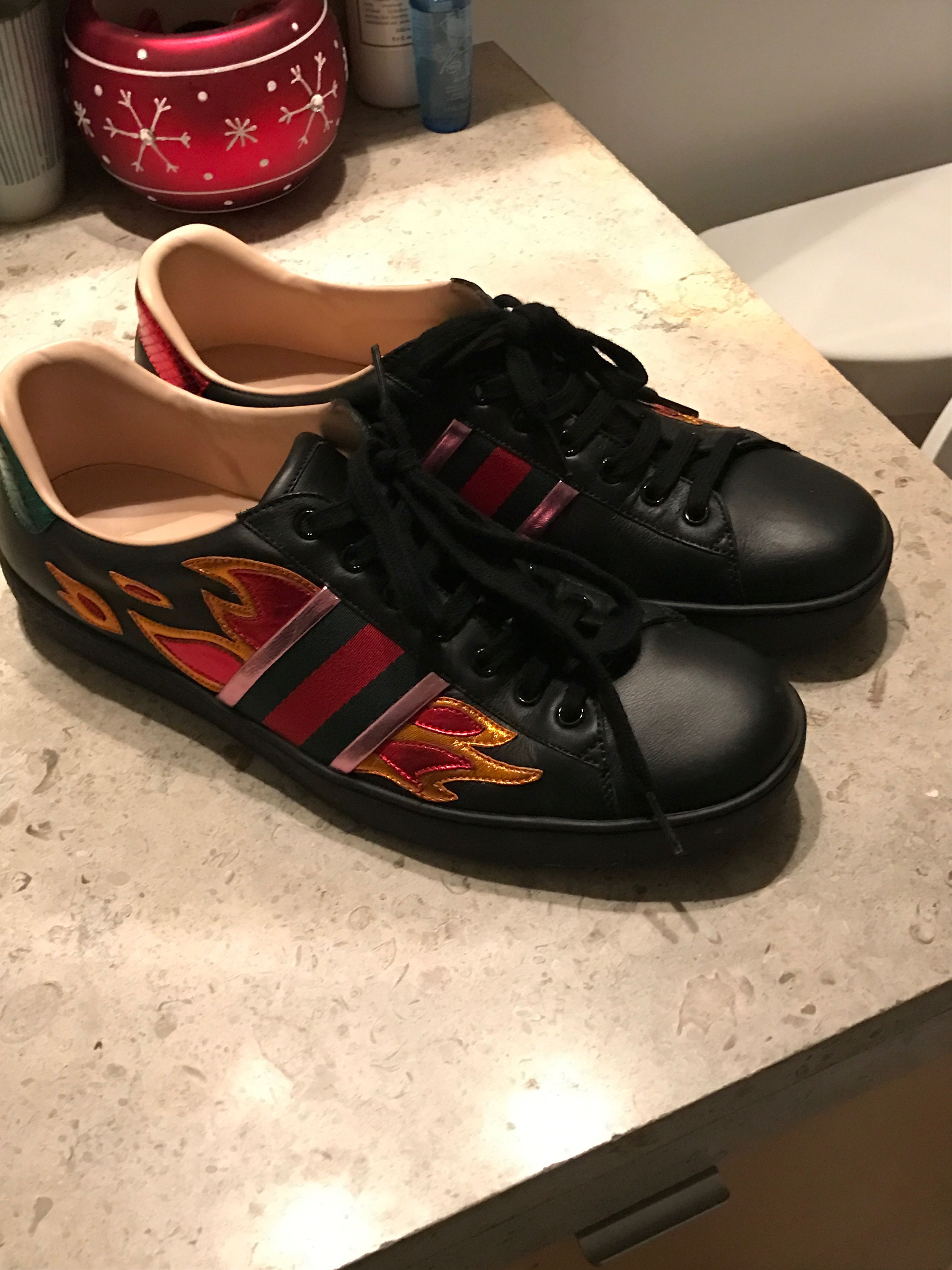 Gucci Ace Flame Black Leather Sneakers Men's 8.5 