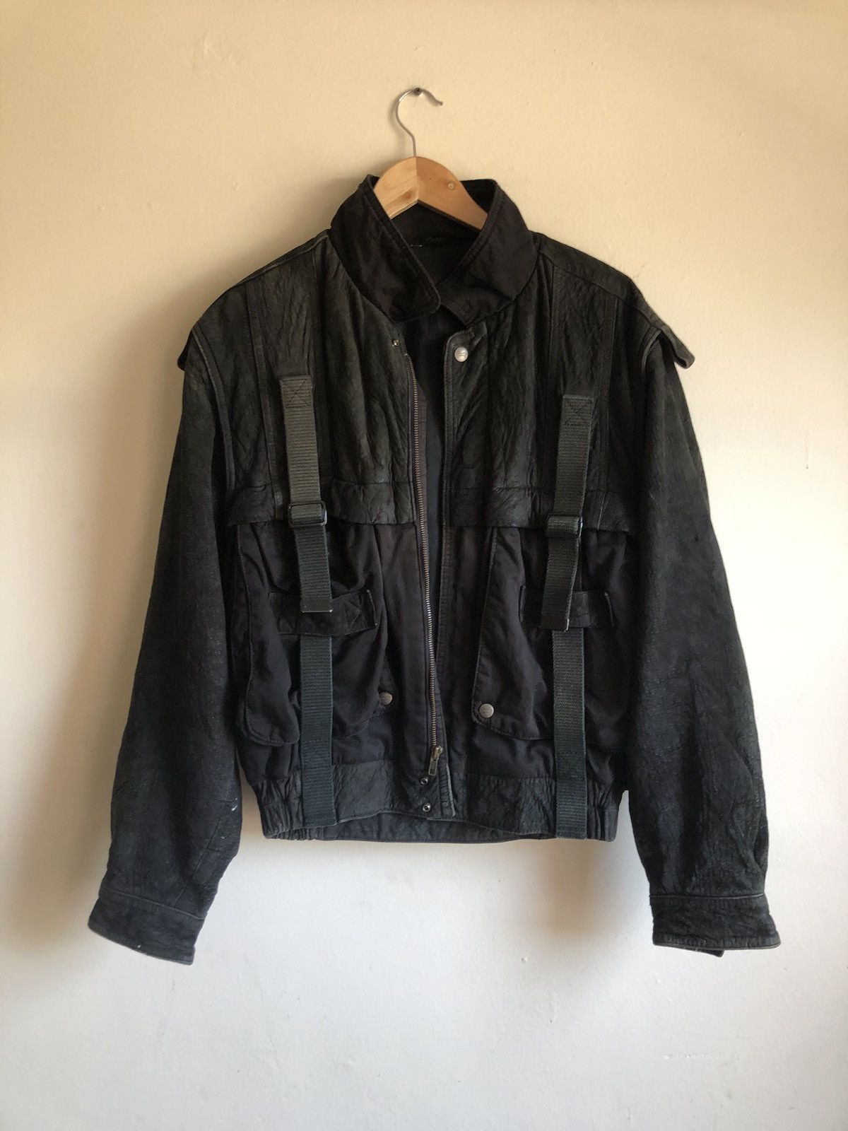 Other Black Washed Leather Strapped Bondage Bomber Jacket Size US M / EU 48-50 / 2 - 2 Thumbnail