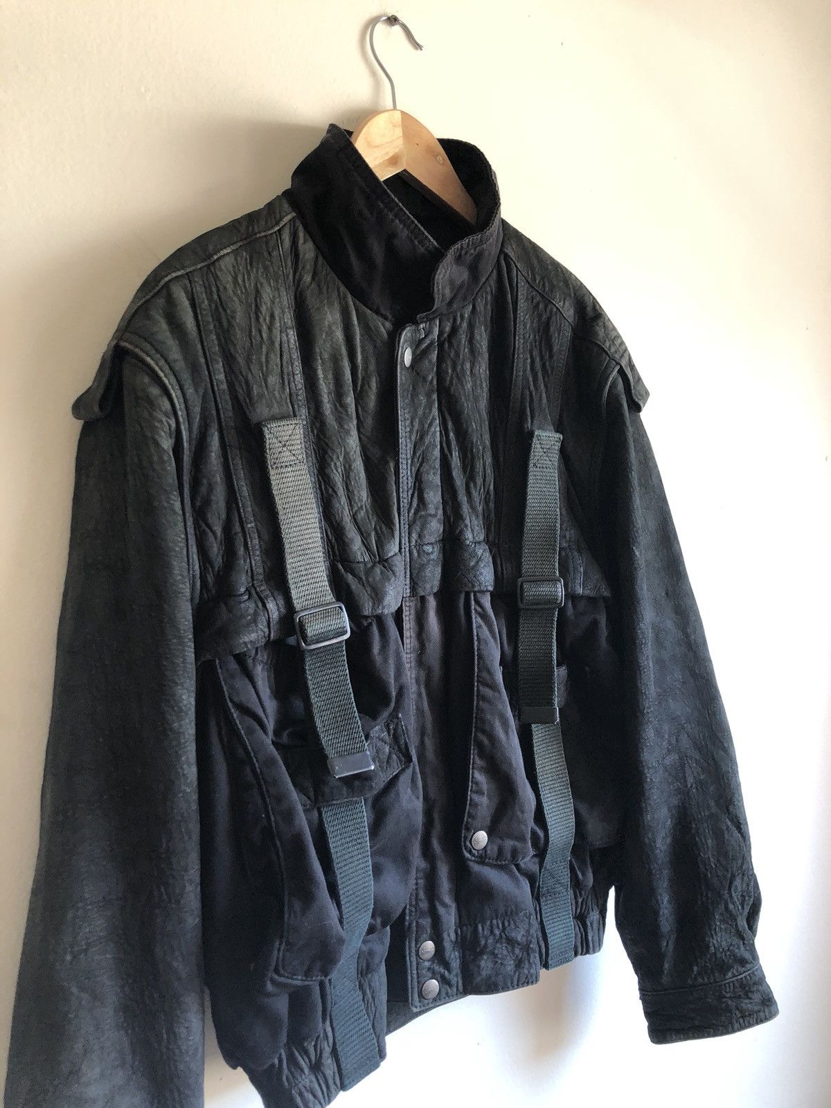 Other Black Washed Leather Strapped Bondage Bomber Jacket Size US M / EU 48-50 / 2 - 3 Thumbnail