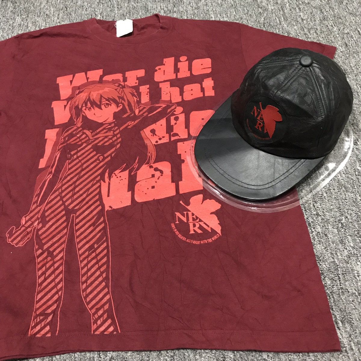 image of Anima x Vintage Neon Genesis Evangelion Nerv 2Pcs Anime Tee And Cap in Red, Men's (Size Medium)