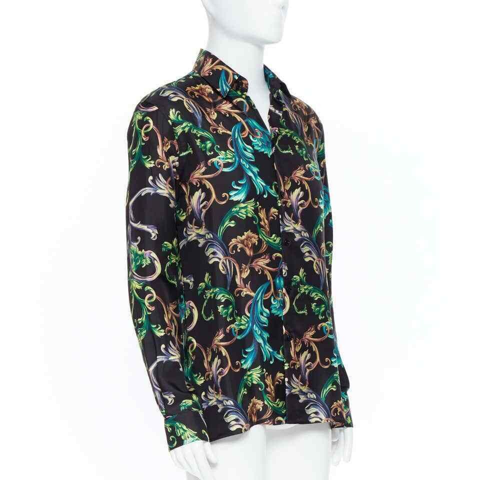 VERSACE Acid Baroque black green 100% Silk Shirt SZ M