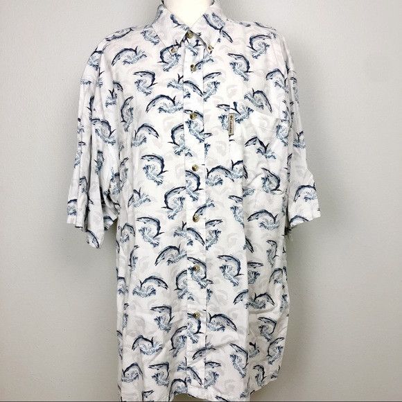 Vintage Columbia Fish Print Button Up Shirt in Khaki Size Large Fishing