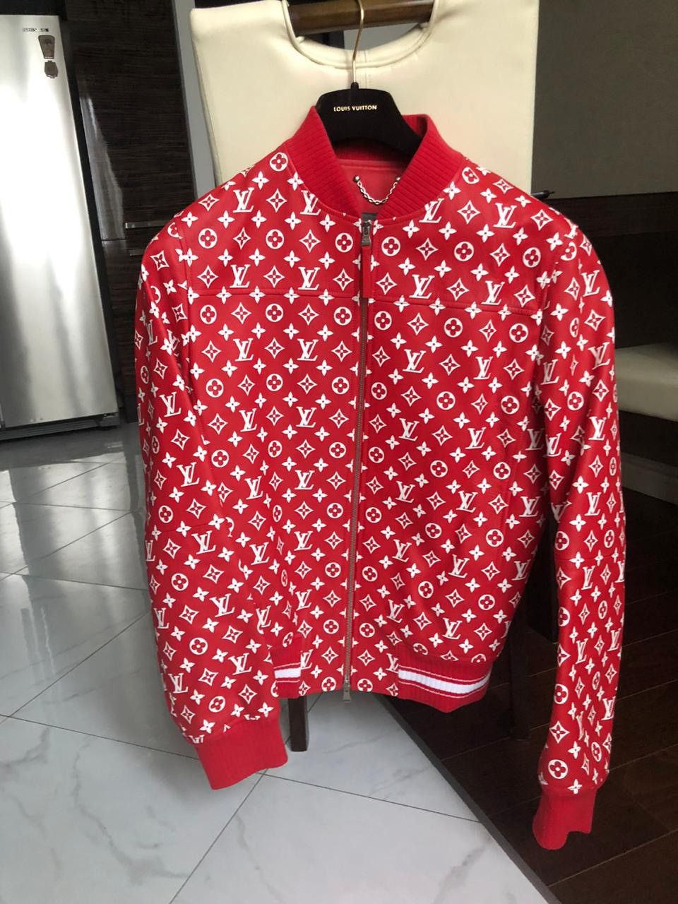 Louis Vuitton X Supreme Red Monogrammed Leather Bomber Jacket M