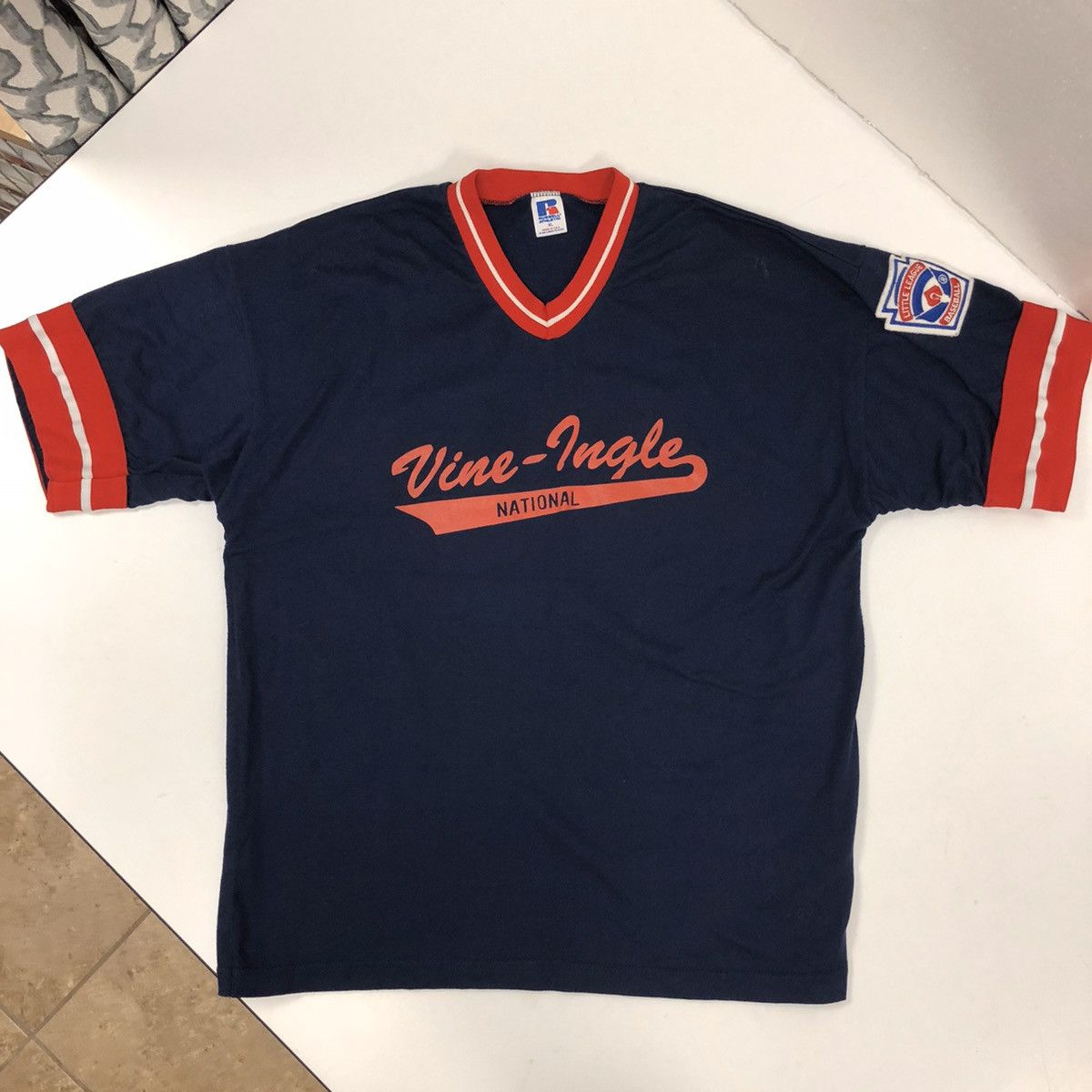 Russell Athletic 70's Vine Ingle Little League Baseball RINGER 50/50 Shirt Size US XL / EU 56 / 4 - 6 Thumbnail