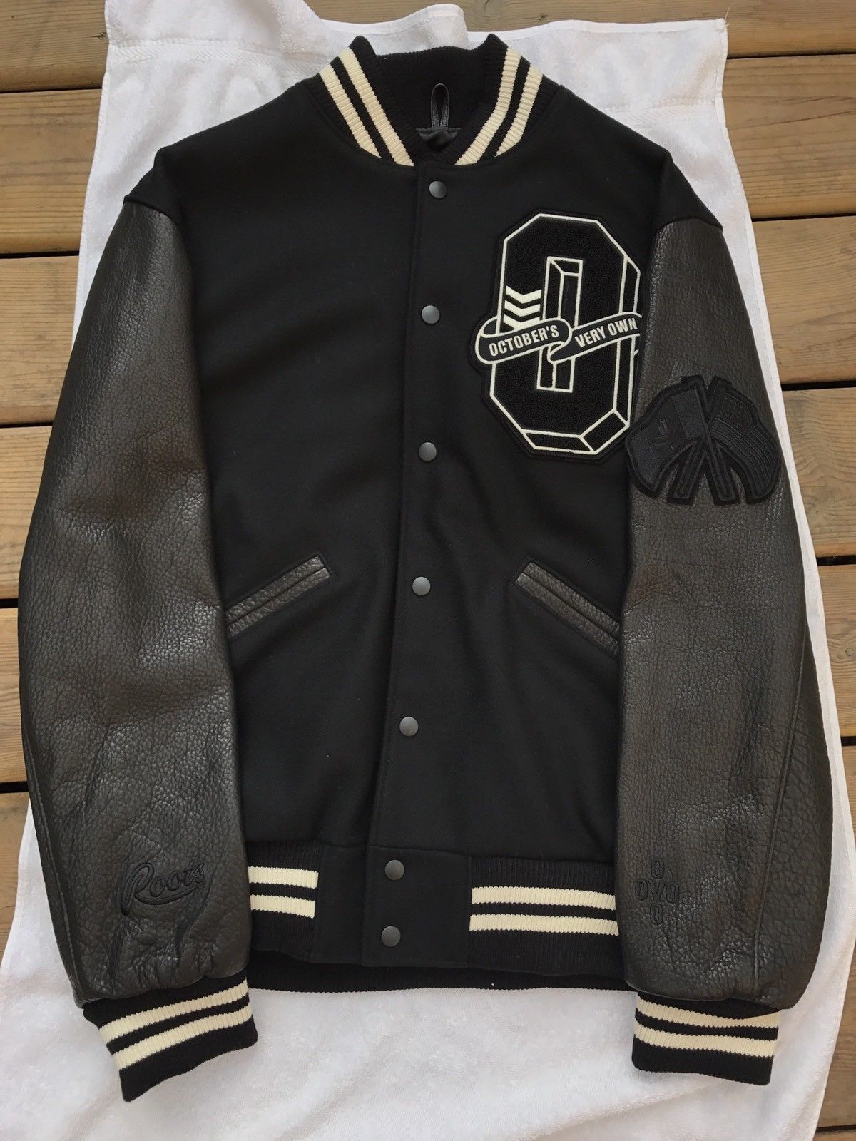 Octobers Very Own OVO x Roots Fall 2017 Black Cream Leather Varsity ...