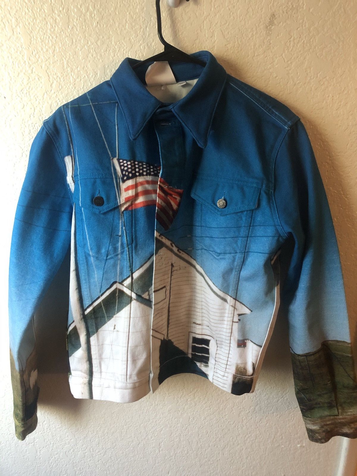 Image of Calvin Klein 205W39Nyc Flag Print Denim Jacket Blue, Men's (Size Small)