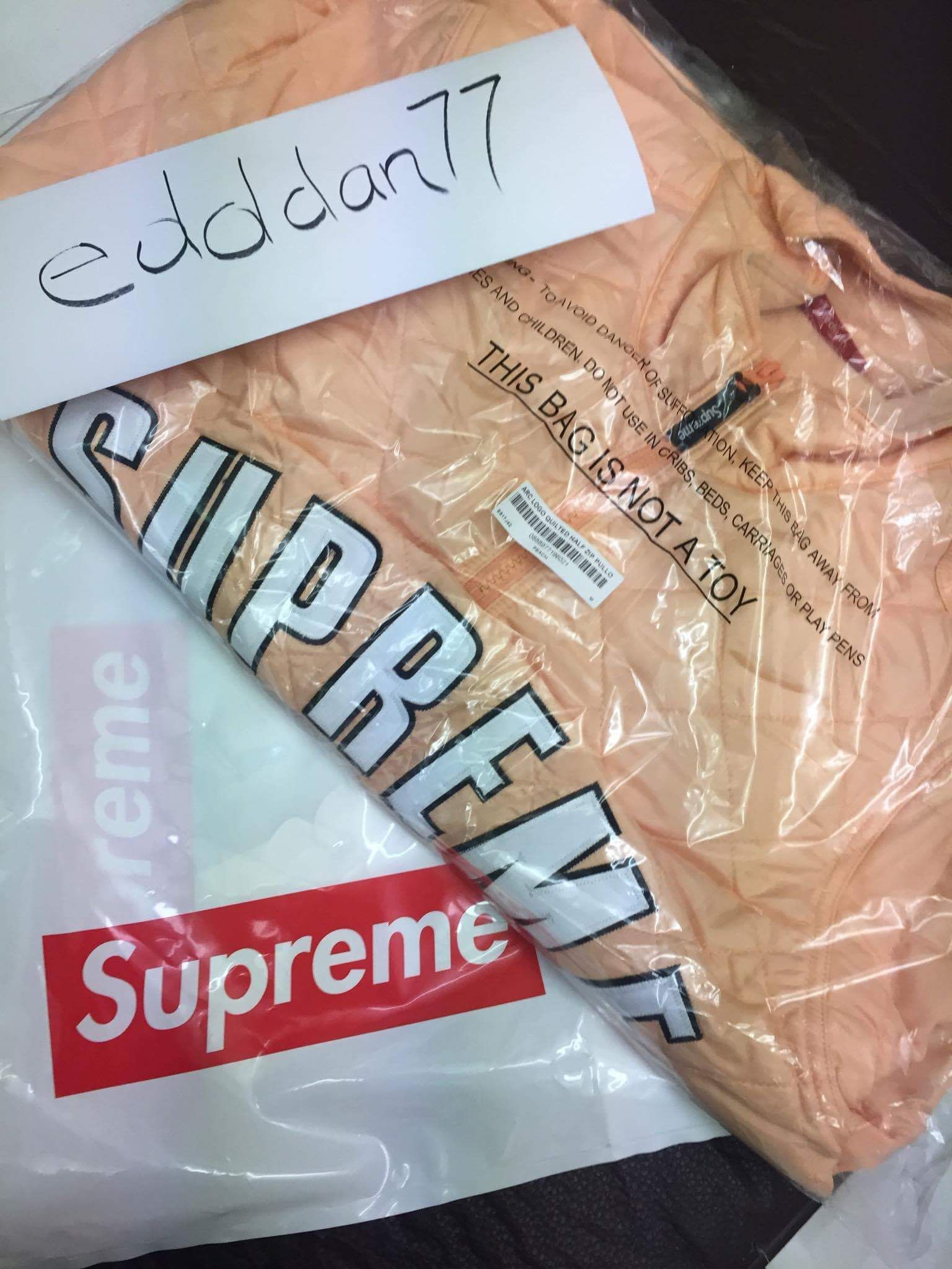 Supreme Quilted Arc Logo Half Zip Pullover Peach size Large Box Logo S/S 17