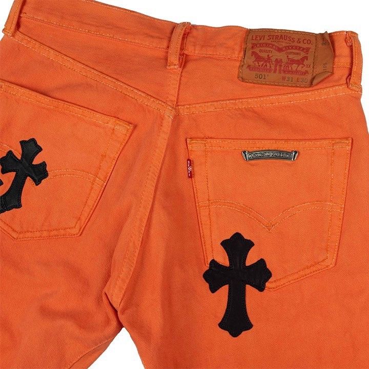 Chrome Hearts × Gallery Dept. Chrome Hearts Orange Art Basel Patchwork Denim Size US 31 - 5 Thumbnail