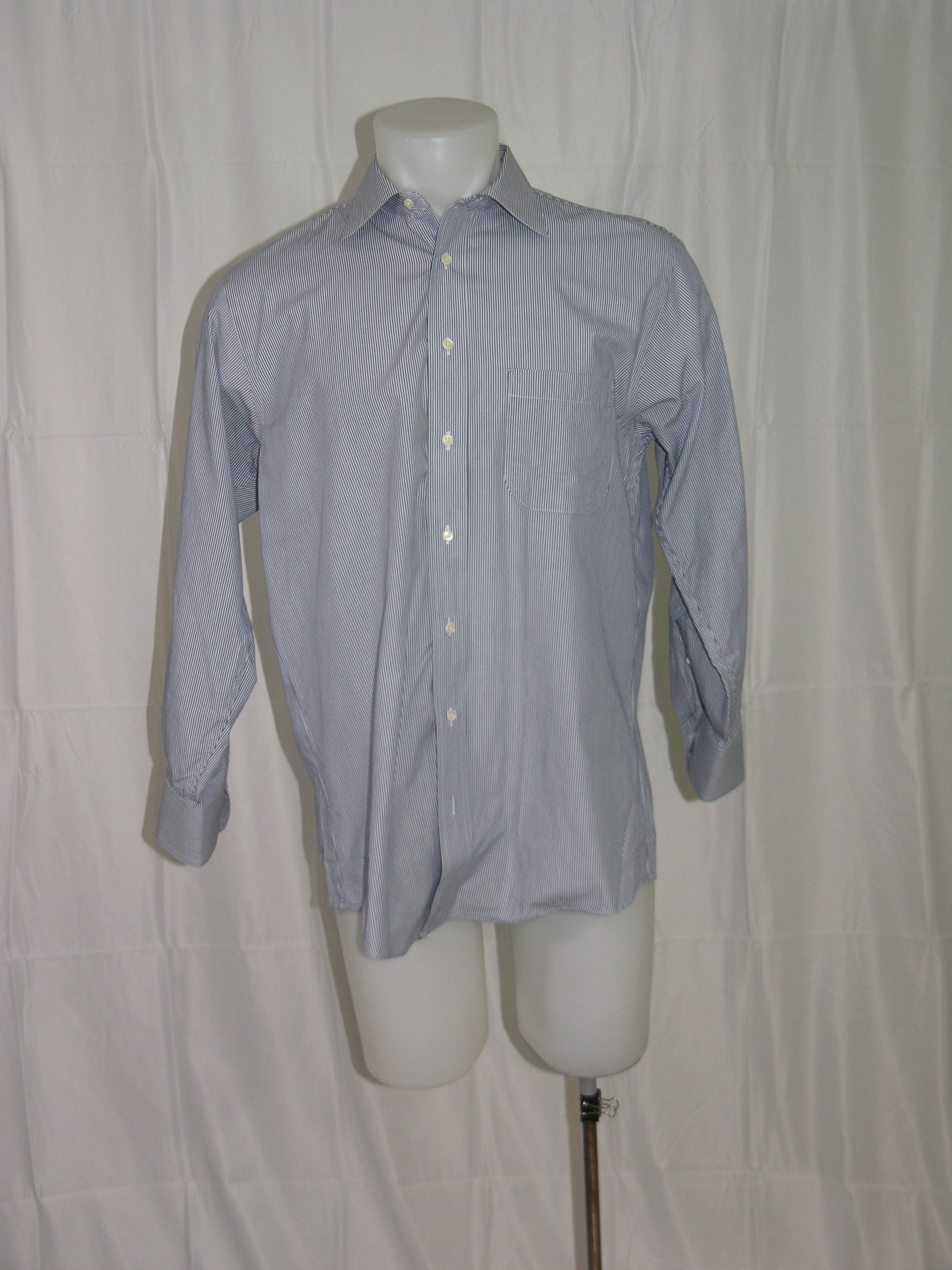 Vintage White Blue Striped Spread Collar Dress Shirt 16 32