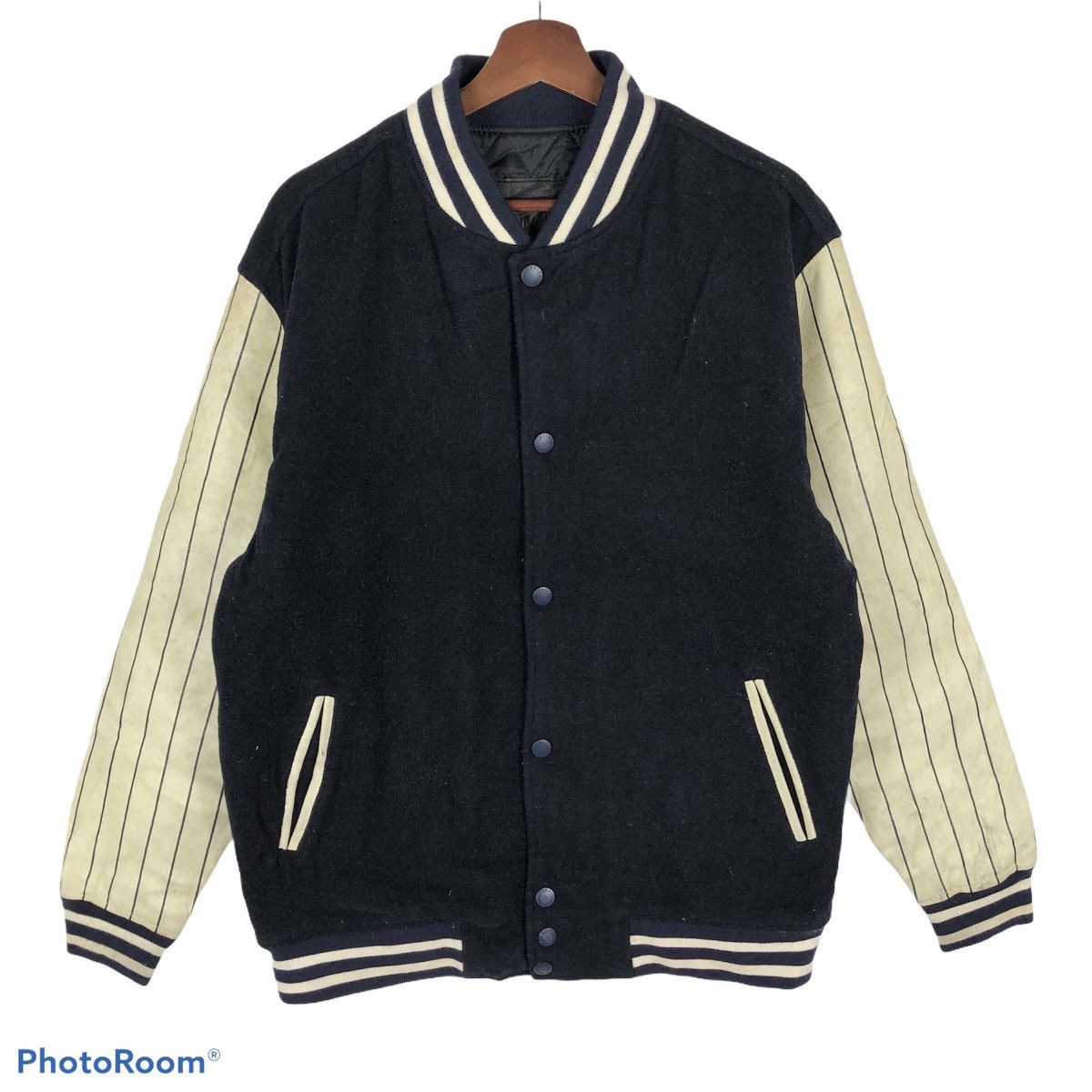 MasterPiece masterpiece brand varsity pinstripe jacket leather sleeve ...