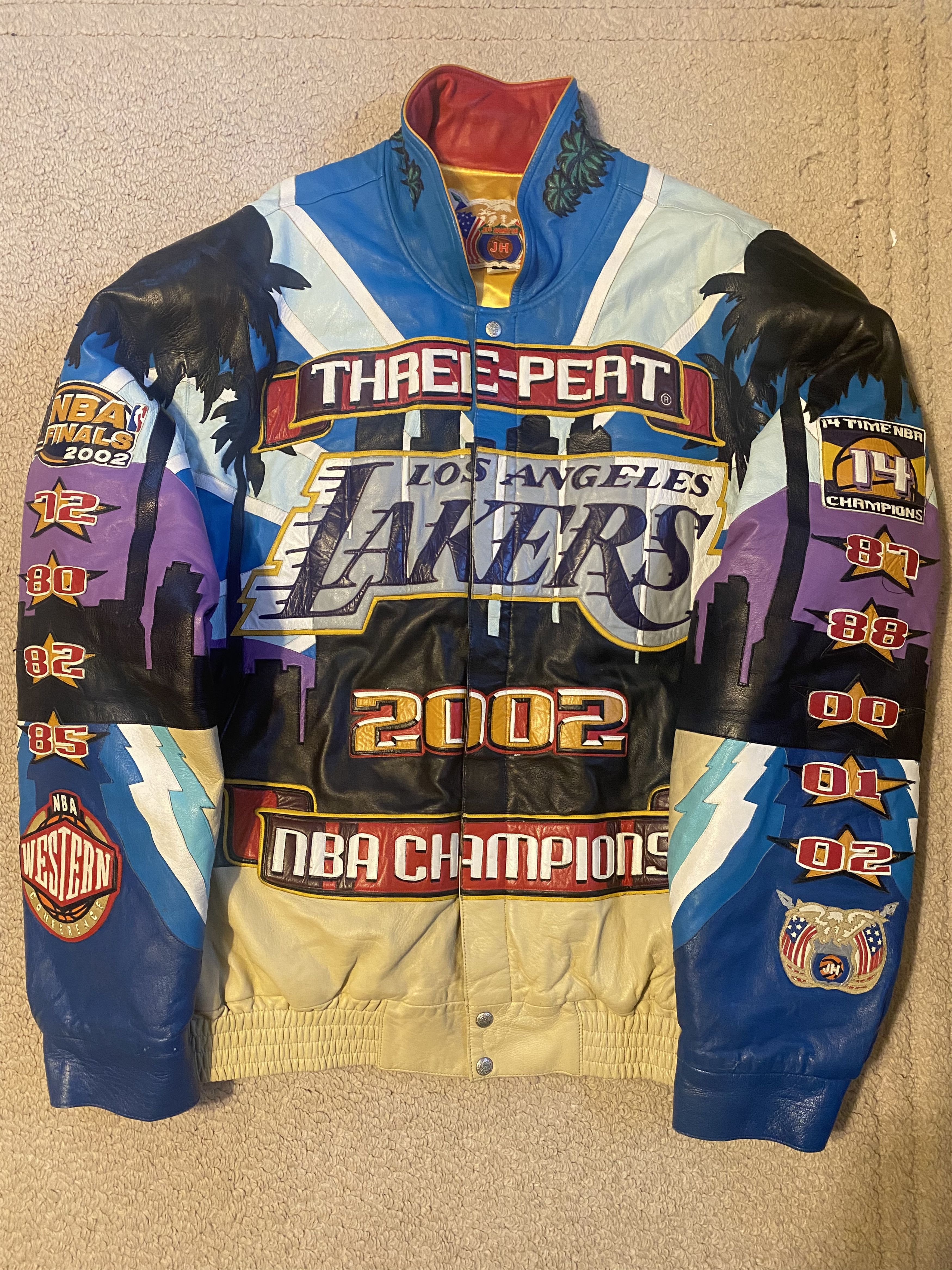 Vintage 2002 Los Angeles Lakers 3Peat Leather Jacket Jeff Hamilton Signed  NEW 2