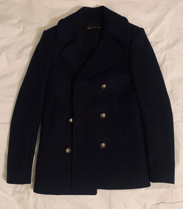 Balmain X H&M H&M X BALMAIN NAVY PEA COAT PEA COAT | Grailed