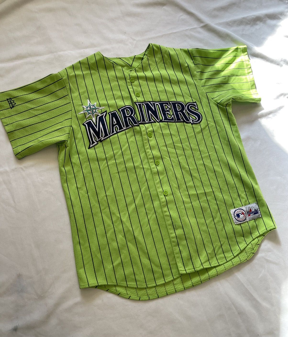 90s Vtg Seattle Mariners Majestic Green White Striped mens Jersey Large  SEWN