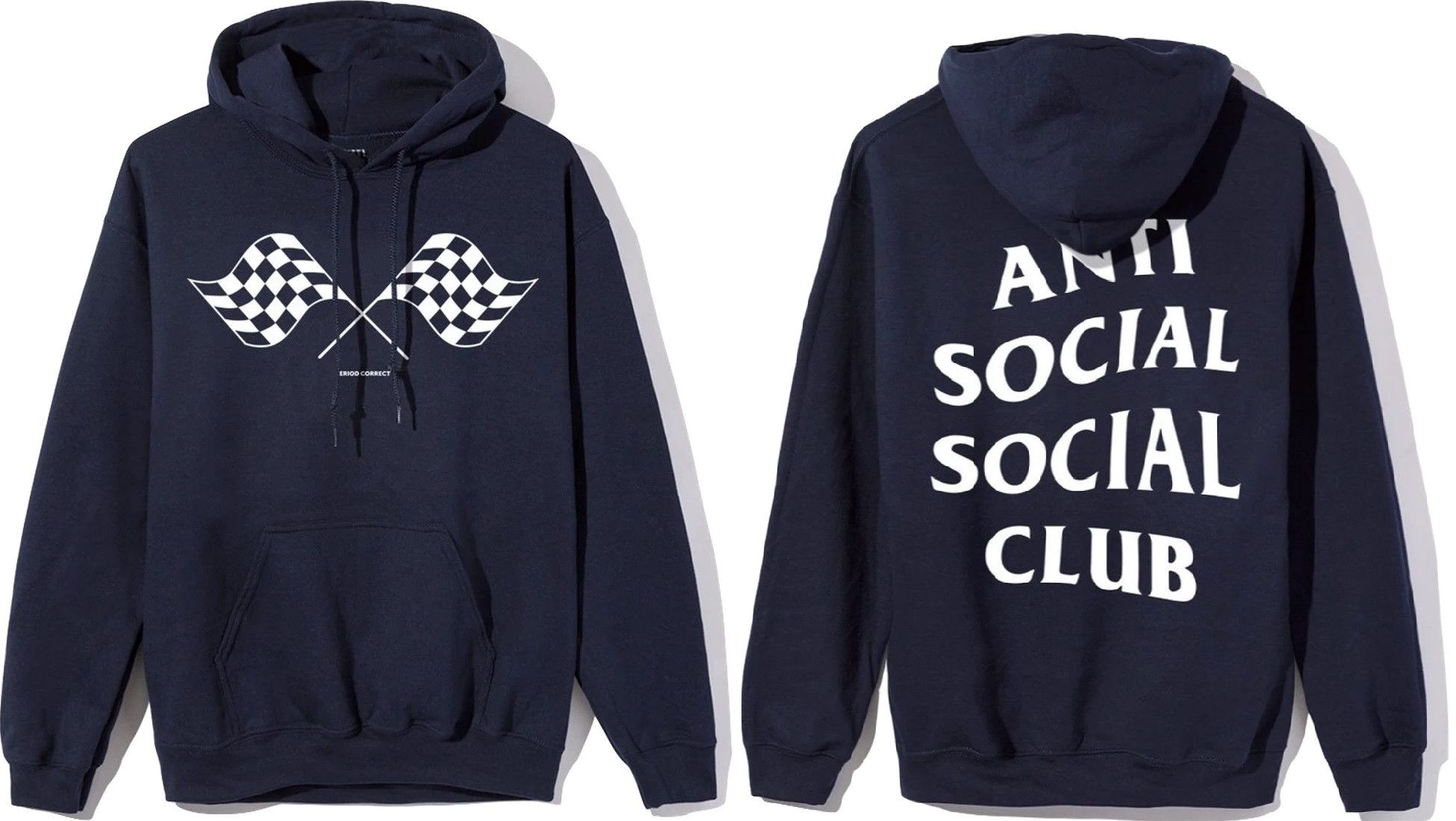 DS ASSC x Period Correct White Logo Navy Hoodie in hand