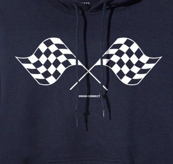 DS ASSC x Period Correct White Logo Navy Hoodie in hand