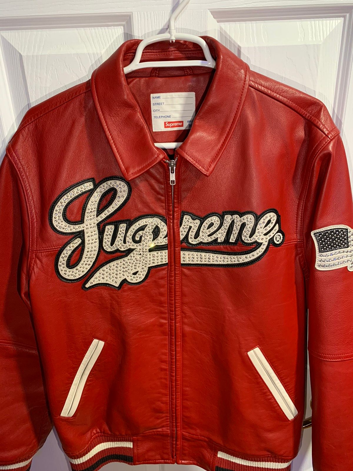 Brand New Supreme Studded Arc Logo Leather Jacket Red Medium Super Rare.