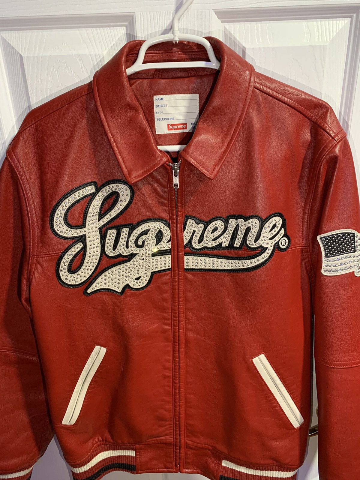 Supreme RED SUPREME STUDDED UPTOWN LEATHER VARSITY JACKET | Grailed