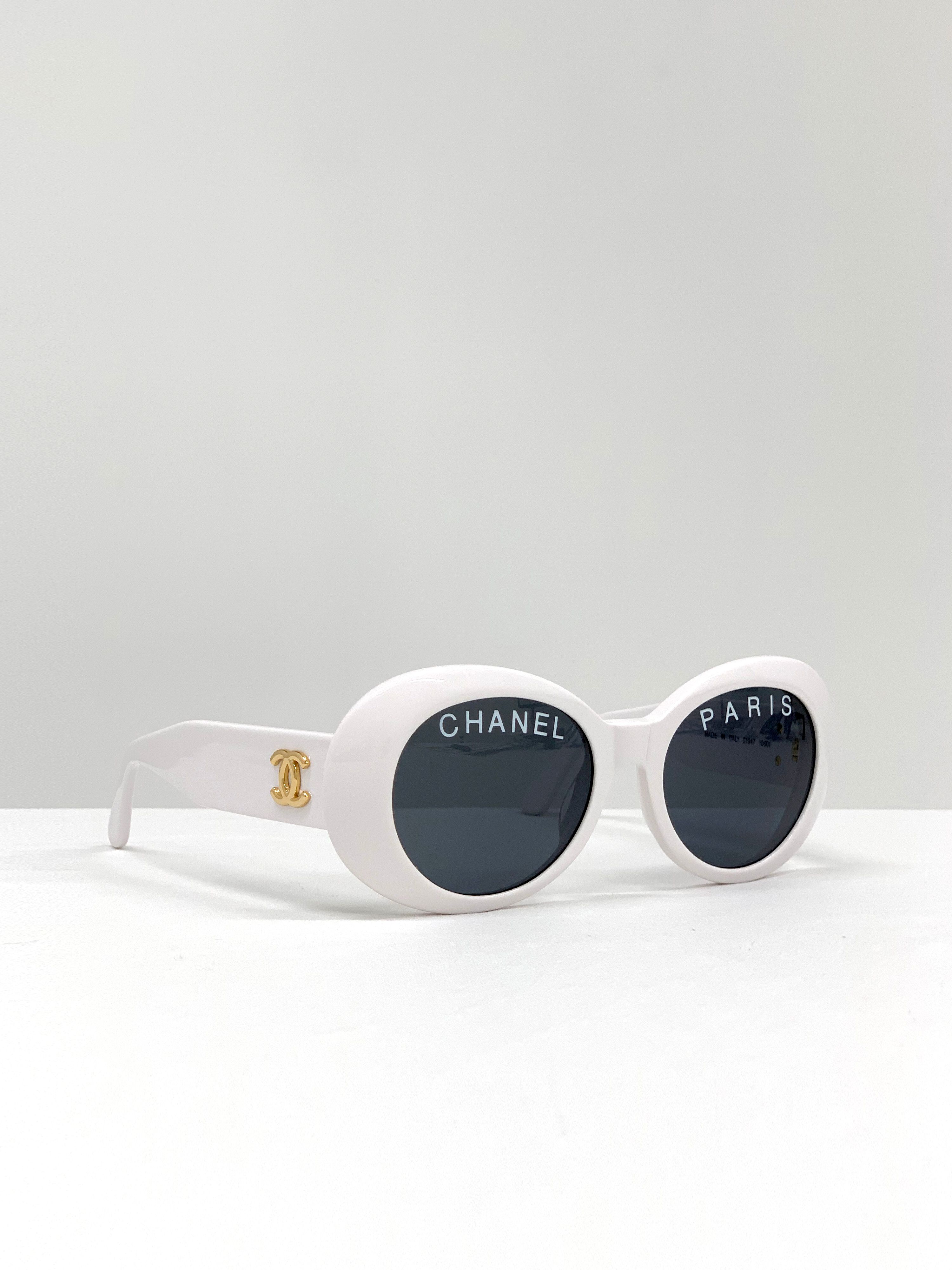 Vintage Chanel 1993 Iconic CHANEL PARIS Spelled White Sunglasses