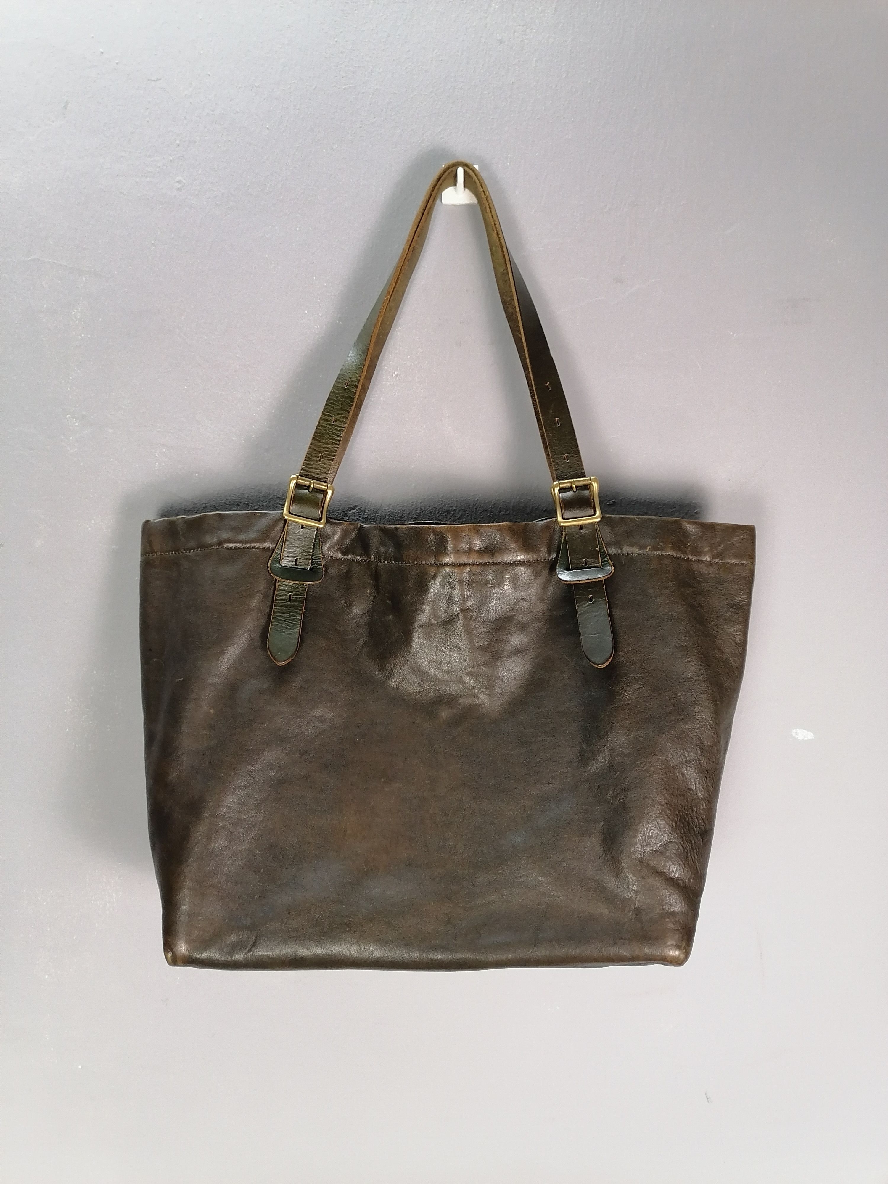 beams x slow fully pure leather dark green tote bag