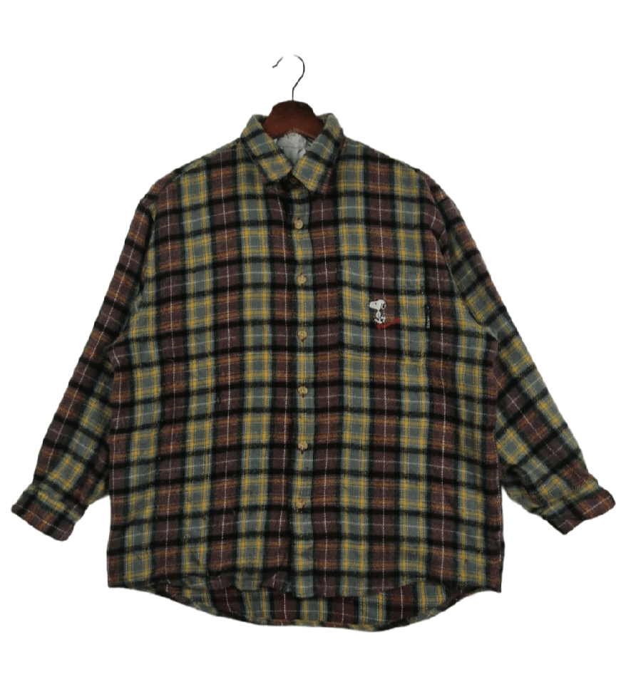 Vintage and Very rare item Peanut Snoopy Flannel Checked Pullover Button Up Long Sleeve factory Brown Colour in size Large