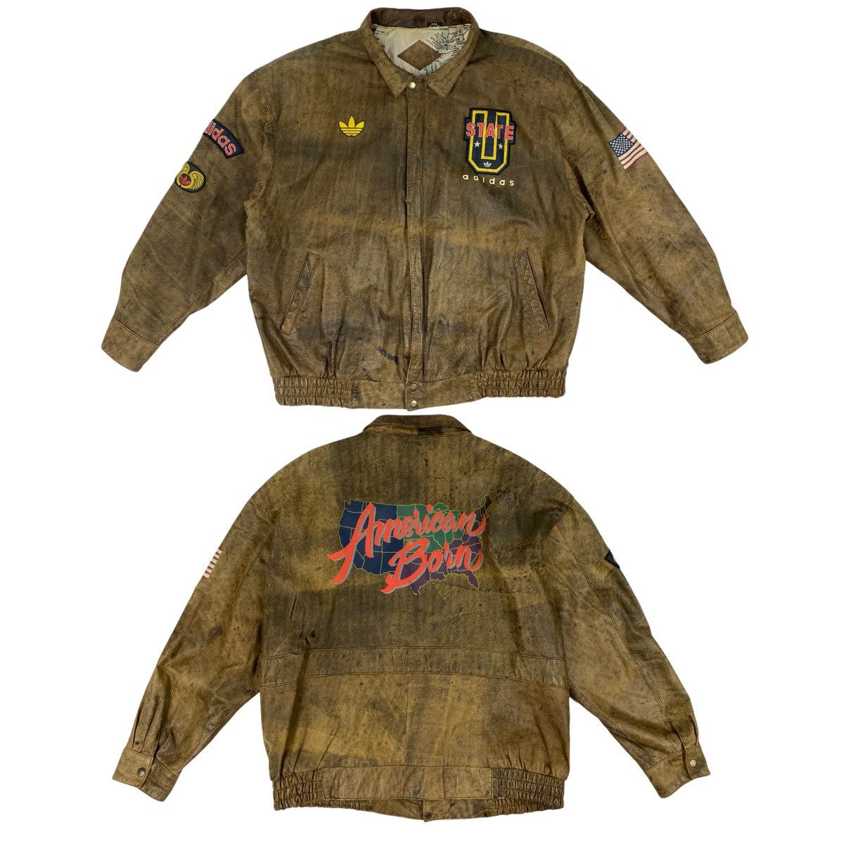 Adidas Archival Clothing Vintage LAST DROP 80s Adidas American Born USA Map Leather Jacket Grailed
