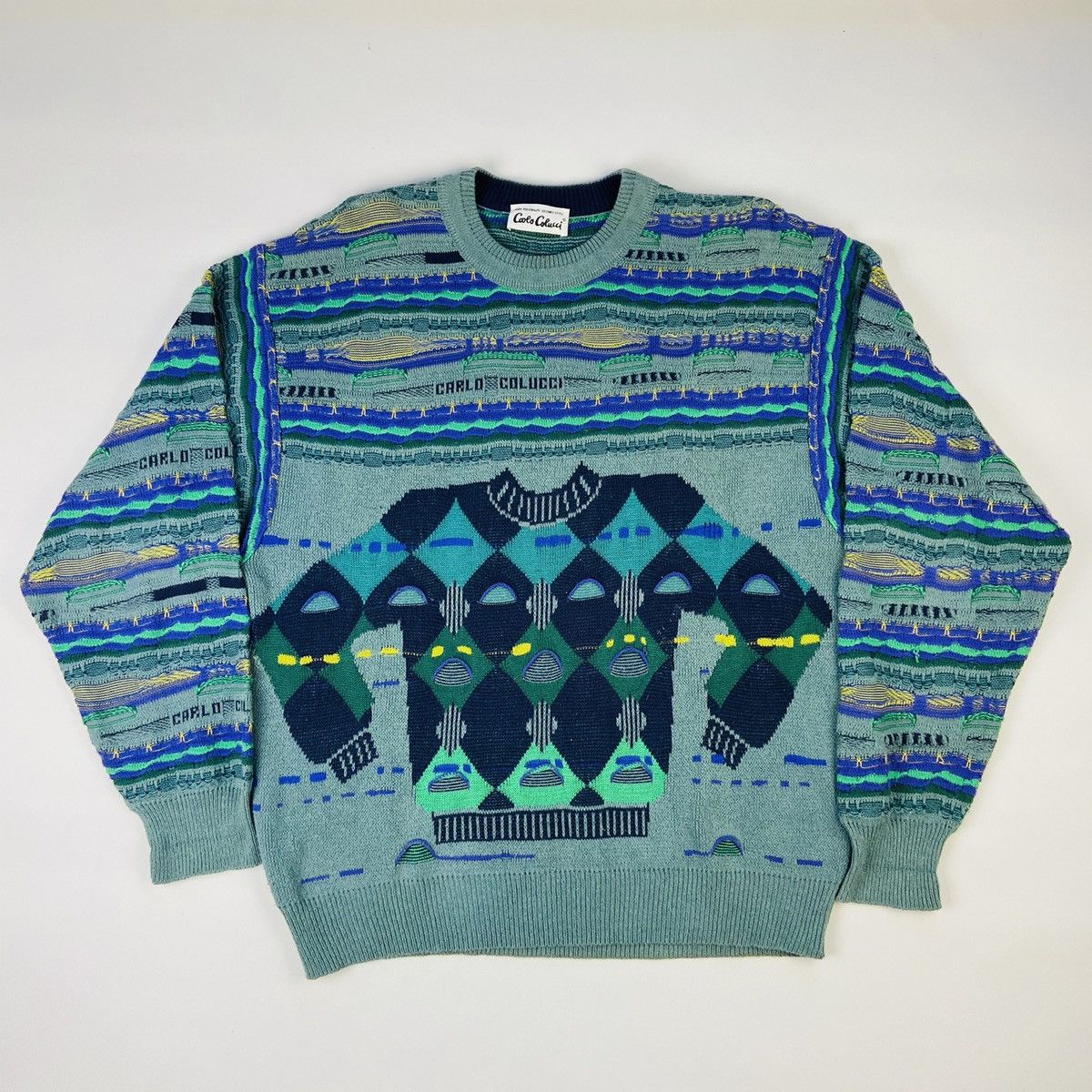 Carlo Colucci × Vintage RECURSION SWEATER ON SWEATER KNITTED COOGI STYLE 1990s Size US L / EU 52-54 / 3 - 1 Thumbnail