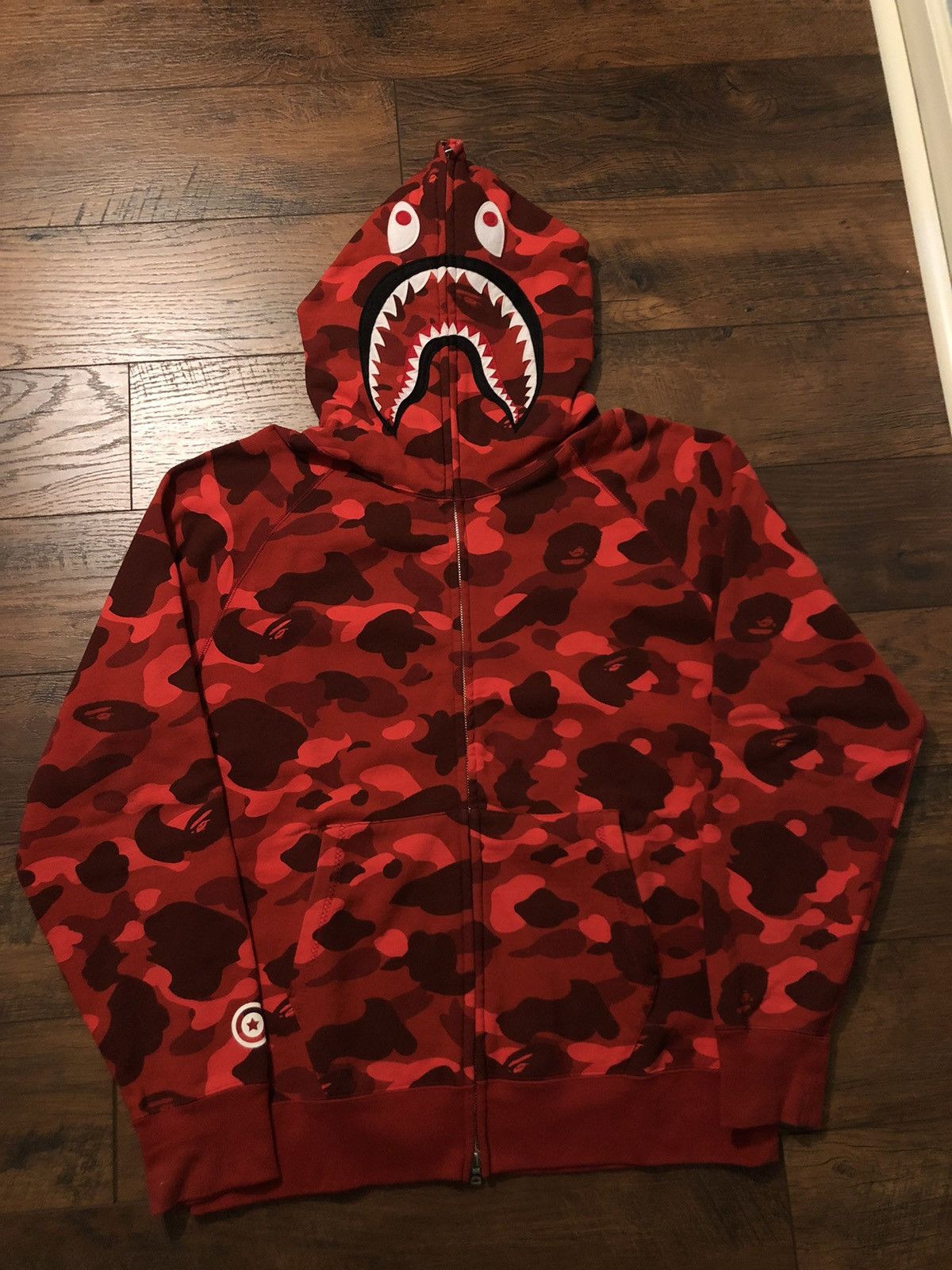 Men's BAPE Camo PONR Shark Full Zip Hoodie in Red