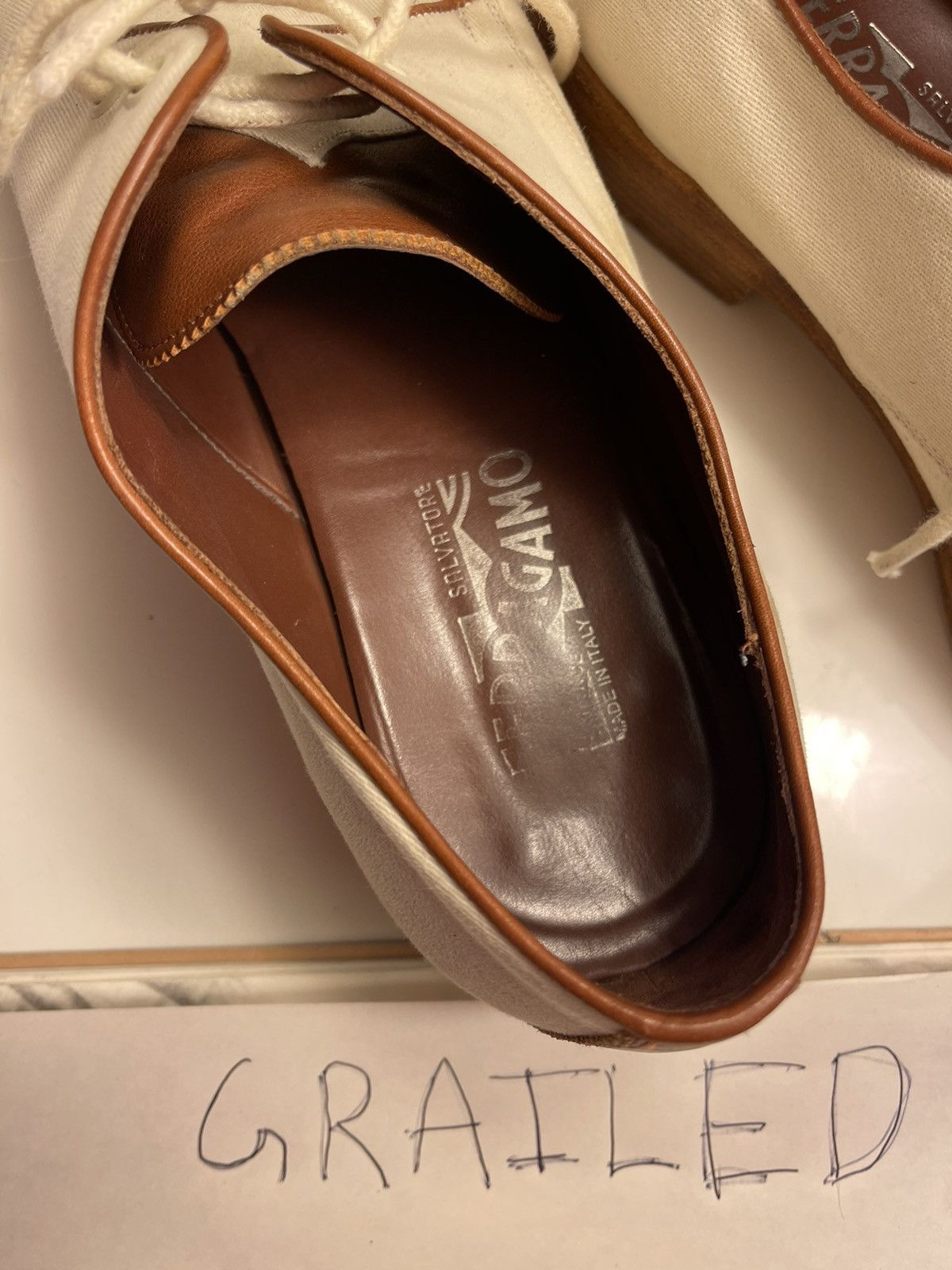Salvatore Ferragamo Ferragamo Cream Canvas and Leather Shoe Size US 10.5 / EU 43-44 - 2 Thumbnail