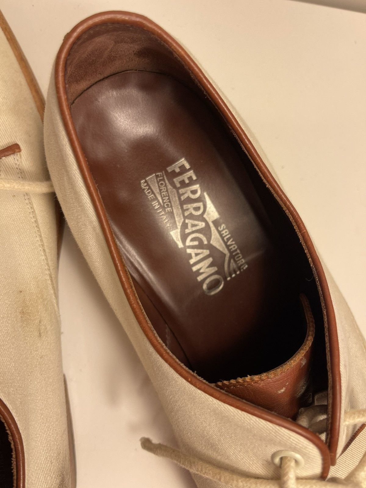 Salvatore Ferragamo Ferragamo Cream Canvas and Leather Shoe Size US 10.5 / EU 43-44 - 3 Thumbnail