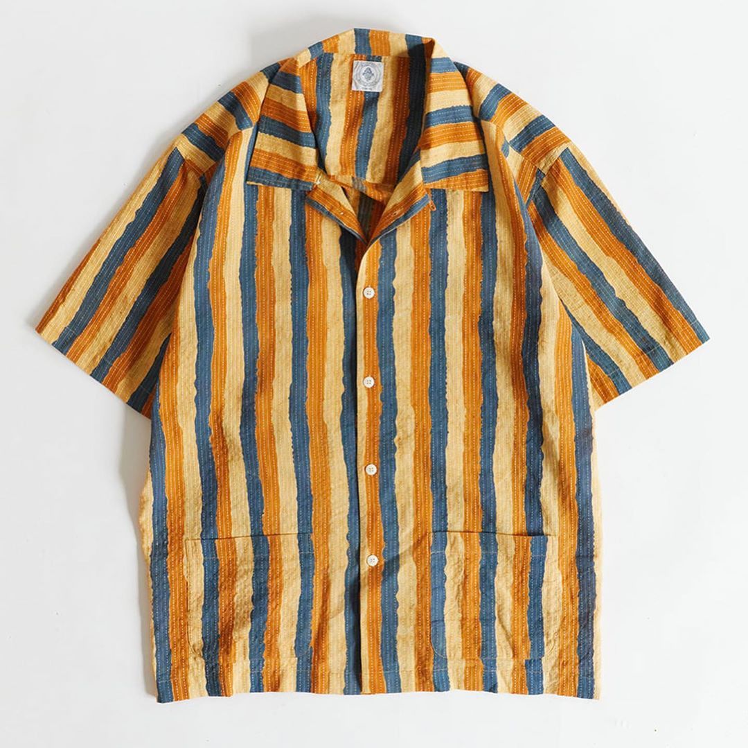 Yousef Camp Shirt - Indigo Dabu Printed Kantha Cloth