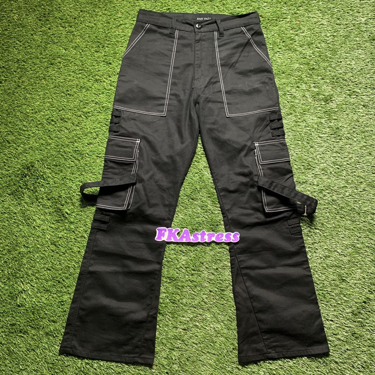 image of Vintage Aint Eazy Flared Contrast Stitched Cargo Pants in Black, Men's (Size 34)