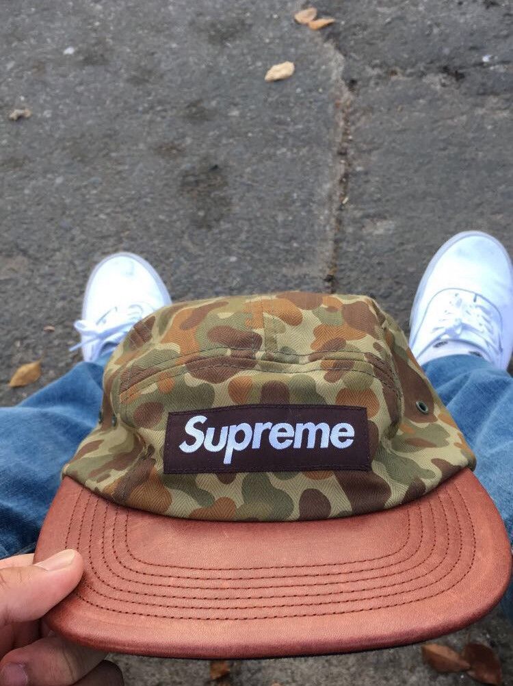 Supreme Supreme Camo Herringbone Leather Olive Camp Cap | Grailed