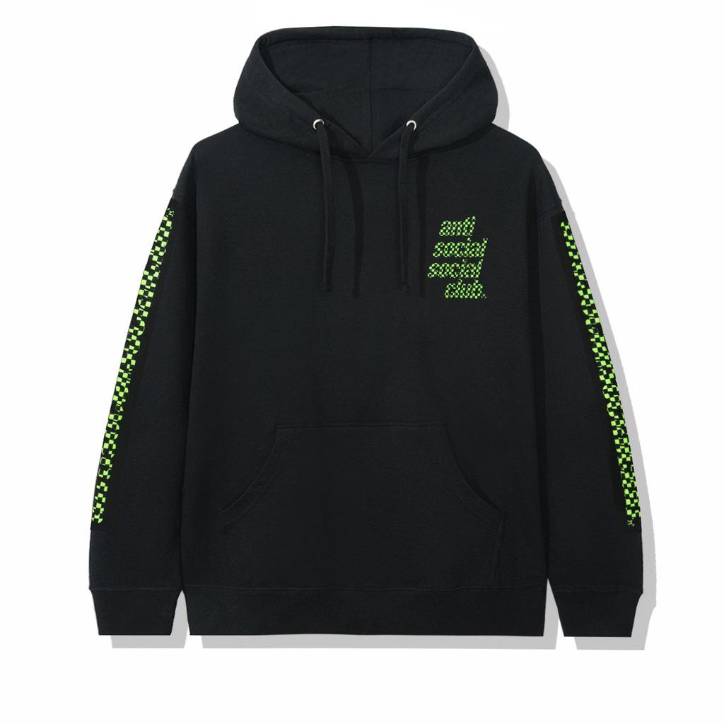 DS ASSC Green Checkered Food Court Black Hoodie in hand