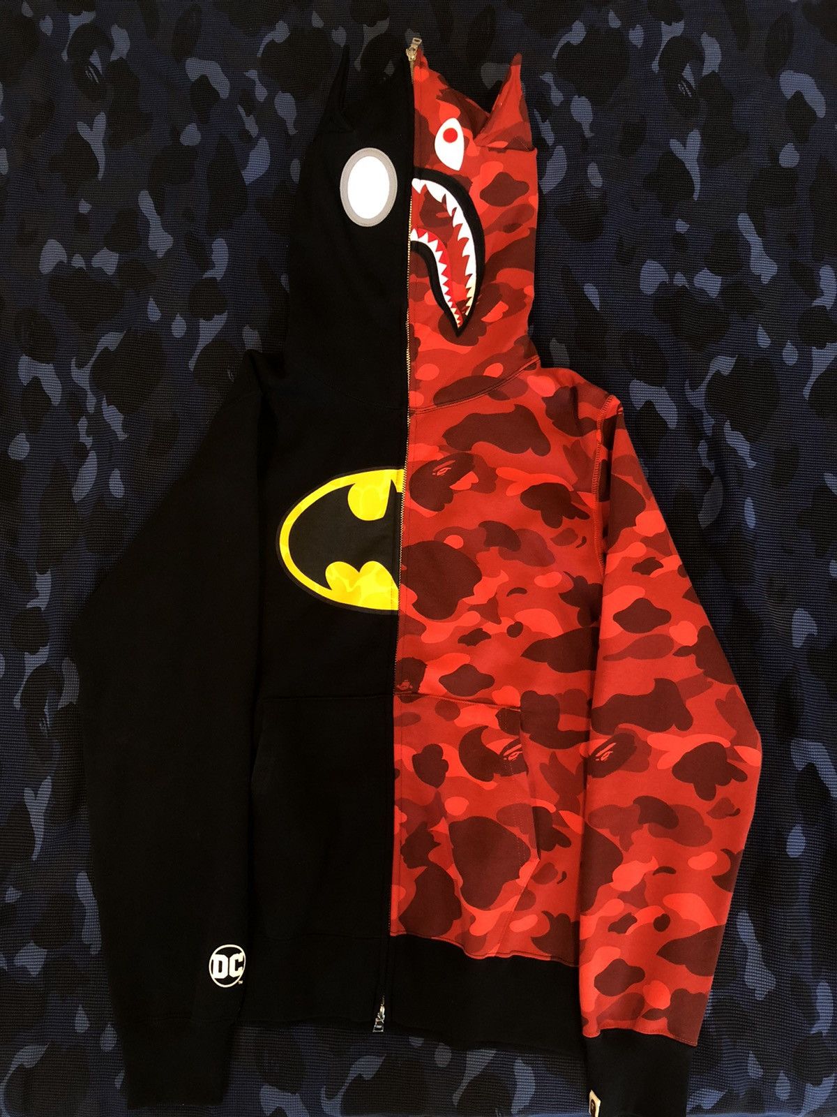 Bape BAPE x DC BATMAN RED CAMO SPLIT SHARK HOODIE | Grailed