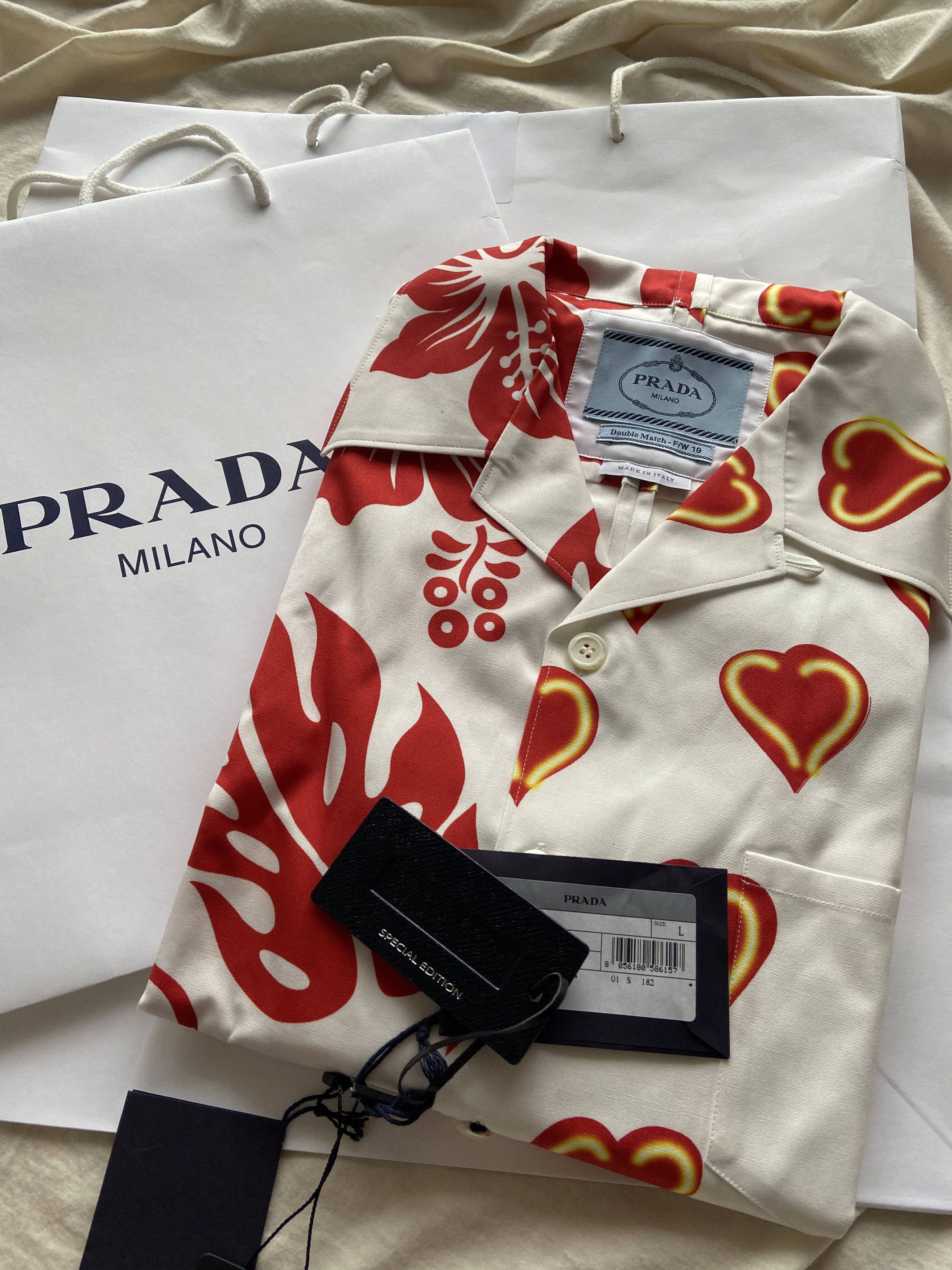 Prada FW19 Prada Double Match Heart Print Camp Collar Shirt | Grailed