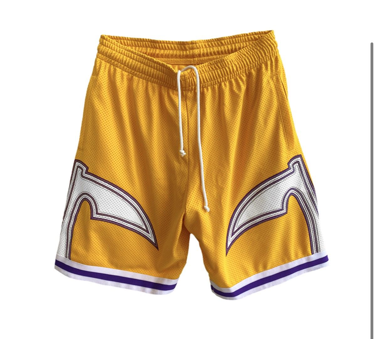 Image of Warren Lotas Pocketed Scythe Lakers Basketball Shorts in Yellow Gold, Men's (Size 36)