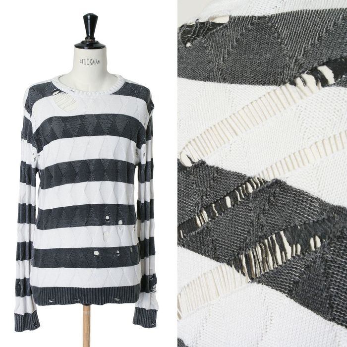Number (N)ine NUMBER (N)INE white grey striped argyle knit punk distressed holey sweater top L Size US L / EU 52-54 / 3 - 2 Preview
