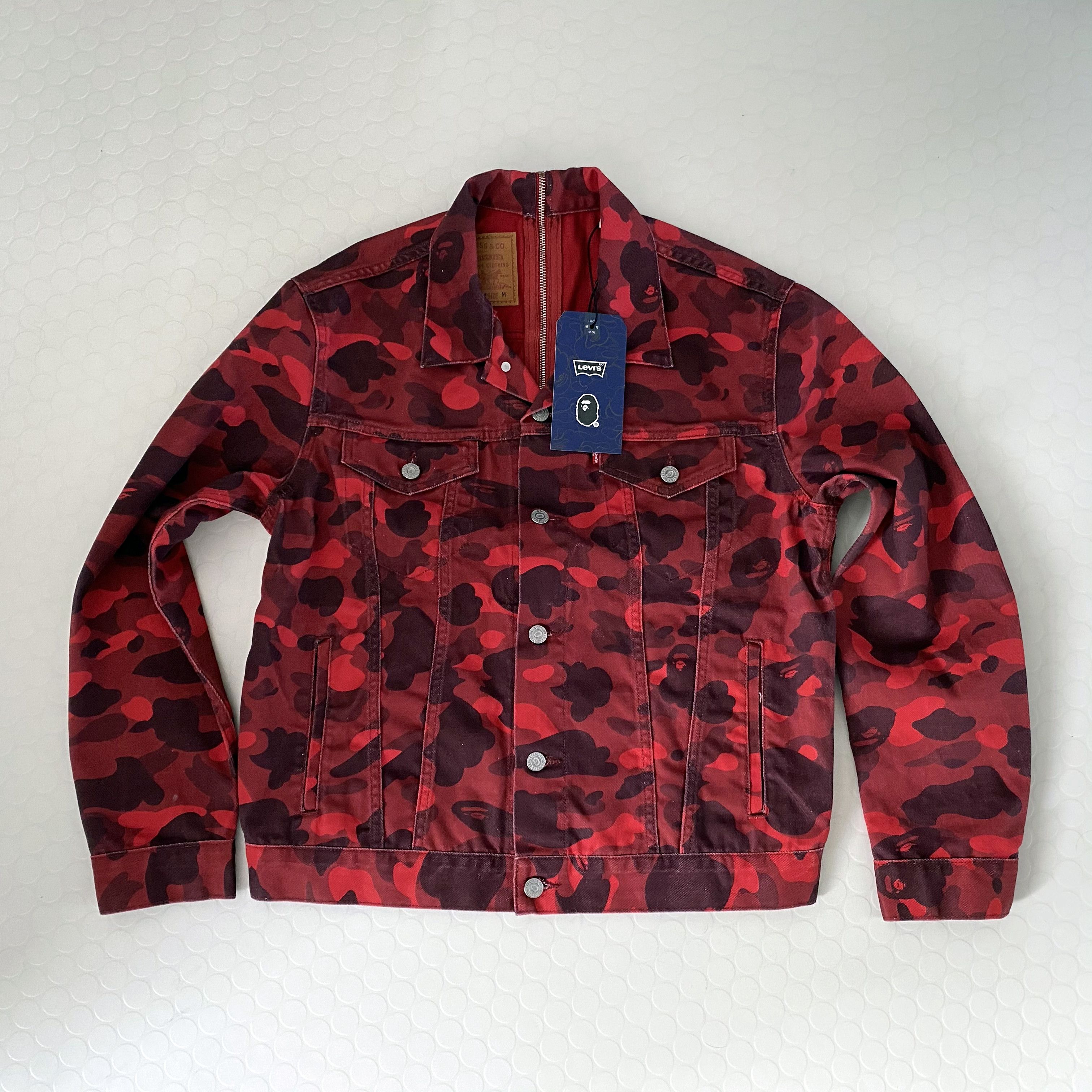 Bape Levi s Levi s x BAPE Red Camo Split Trucker Denim Jacket Grailed