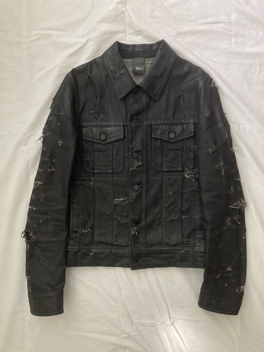 Dior Dior Homme SS04 Strip Destroyed Black Waxed Denim Jacket