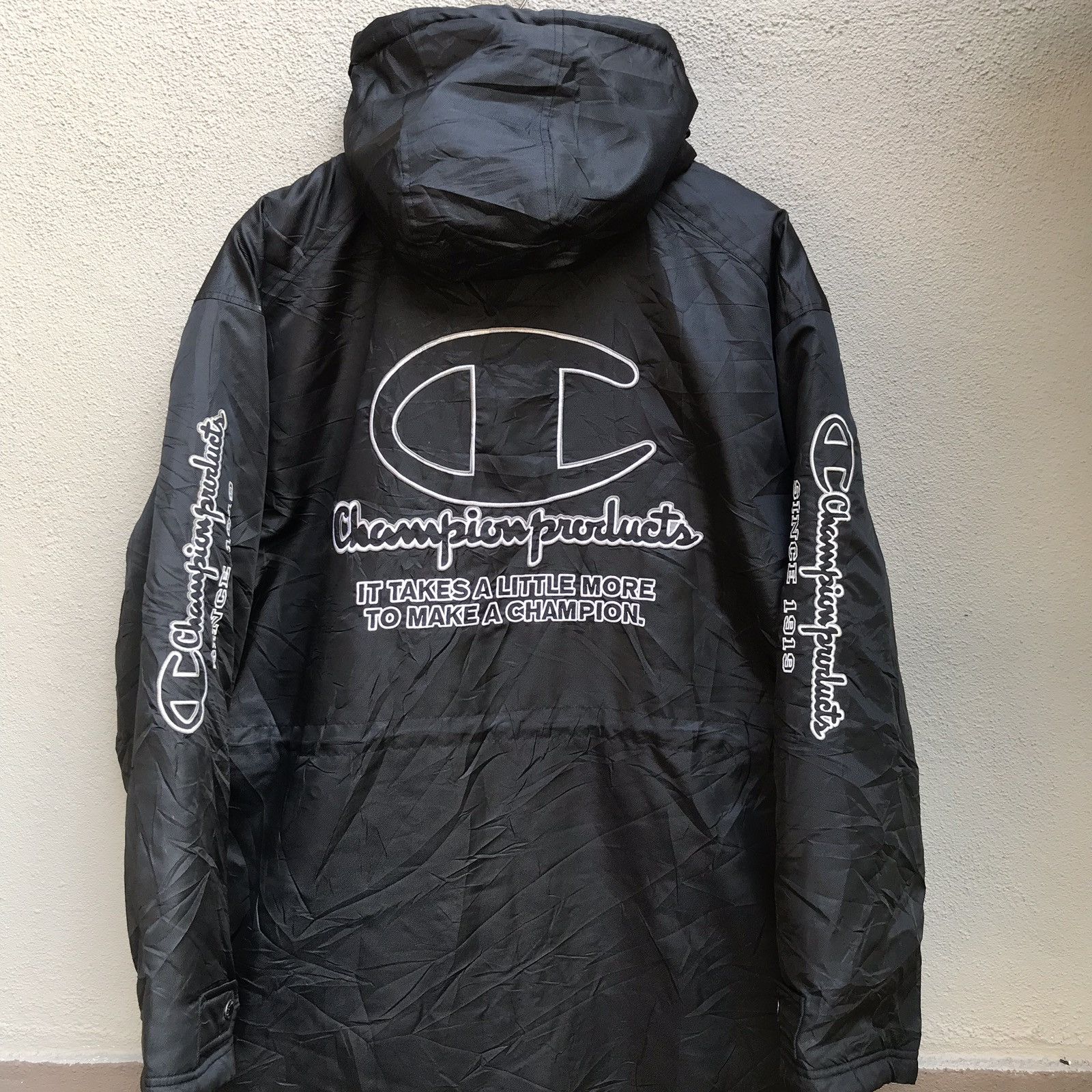 Champion Vintage 90s CHAMPION Biglogo Embroidered Long Jacket Black Size US L / EU 52-54 / 3 - 4 Thumbnail