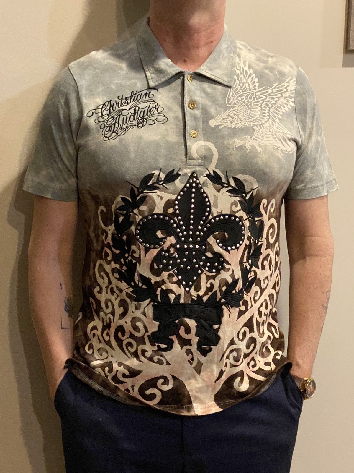 トップス Christian Audigier skull stone polo Christian Audigier Skull rhinestone skull T Shirt, size