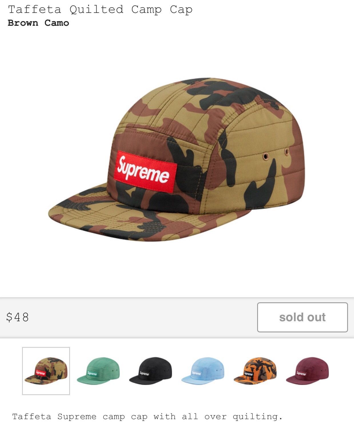 Supreme hotsell Taffeta Quilted Camp Hat *New*