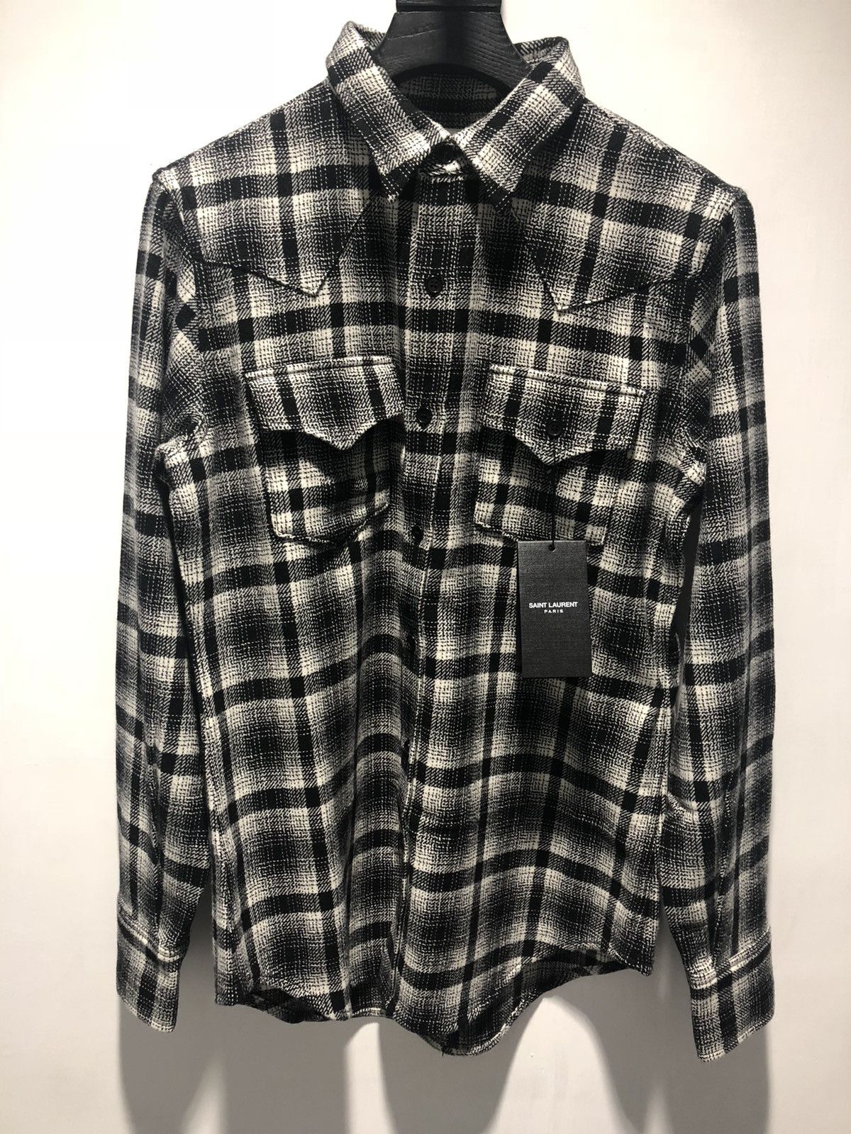 16FW Black x White Checked Wool Flannel Shirt sz S