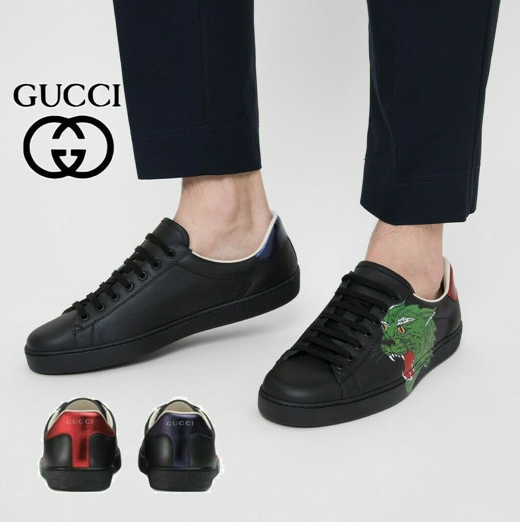 GUCCI ACE LOGO Green Panther Low Top Sneaker Black Leather
